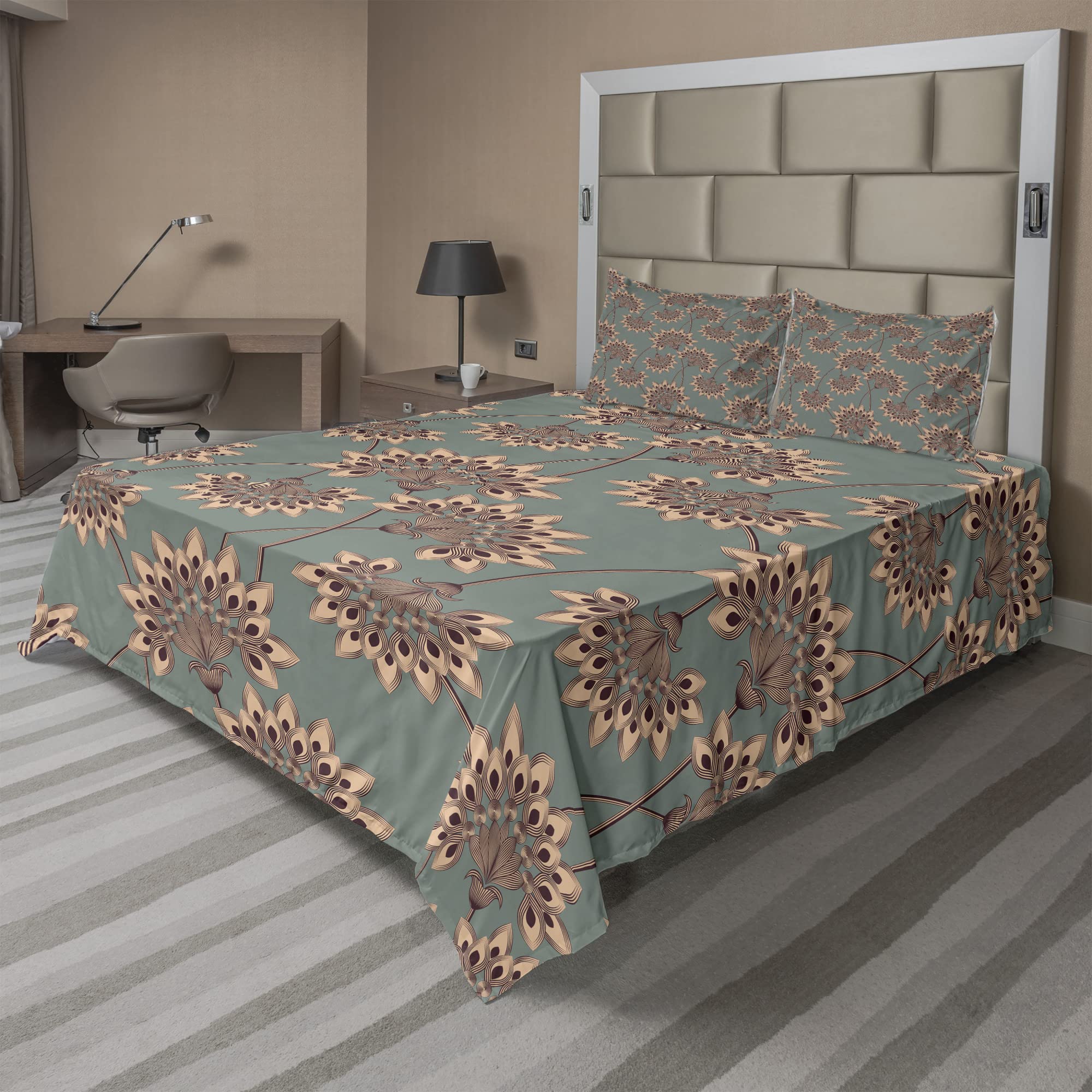 Ambesonne Floral Sheet Set - 4 Piece King Size Bedding with Ornamental Flower Design in Pale Reseda Green & Peach | Soft Fitted & Flat Sheets with Pillowcases | Perfect for Master Bedroom, Guest Room & Cozy Home Decor