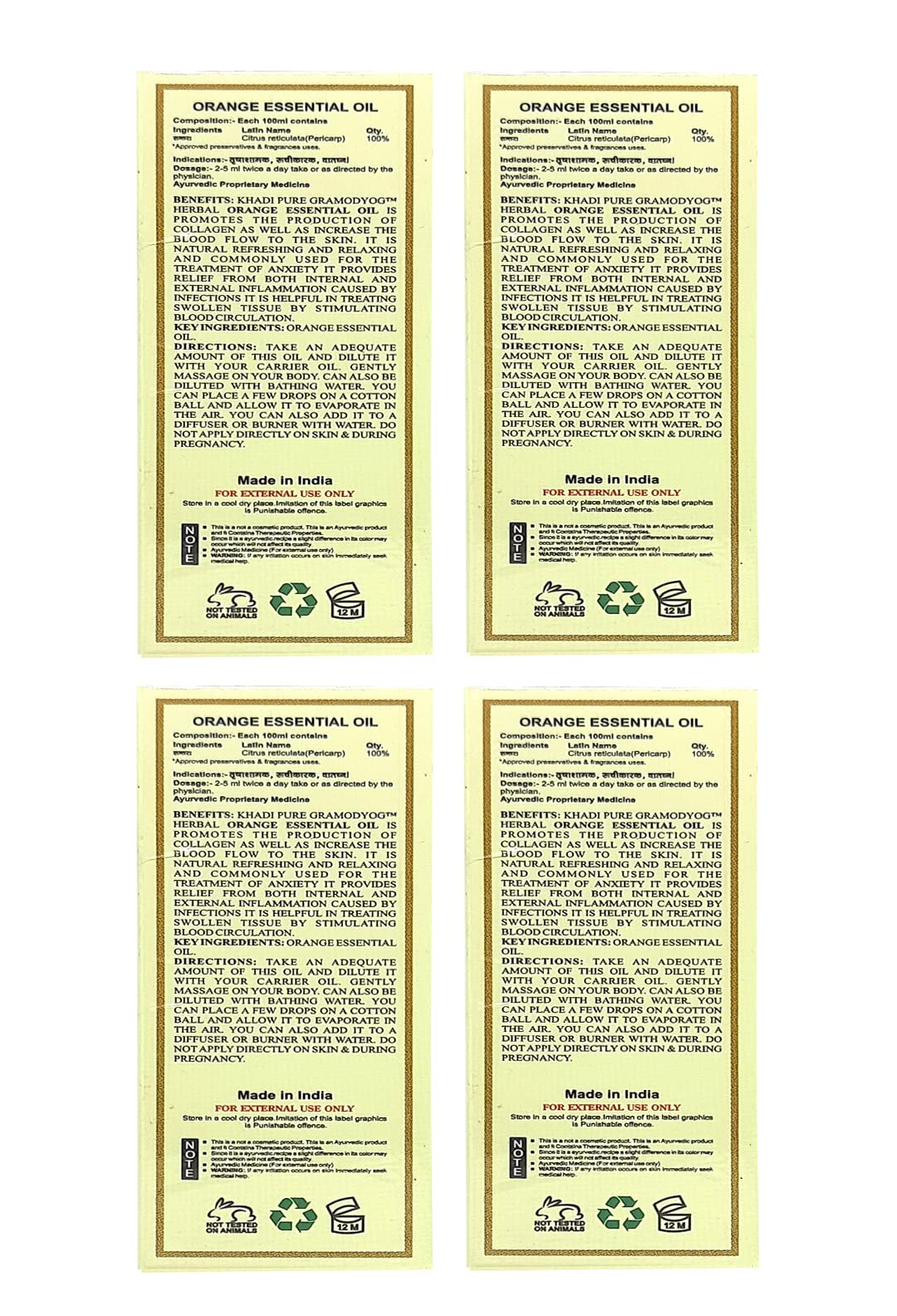 Khadi Pure Herbal Orange Essential Oil - 15ml (Pack of 4) | 100% Natural Aromatherapy Oil for Diffusers, Massage & Relaxation | Perfect for Home Spa, Yoga & Stress Relief