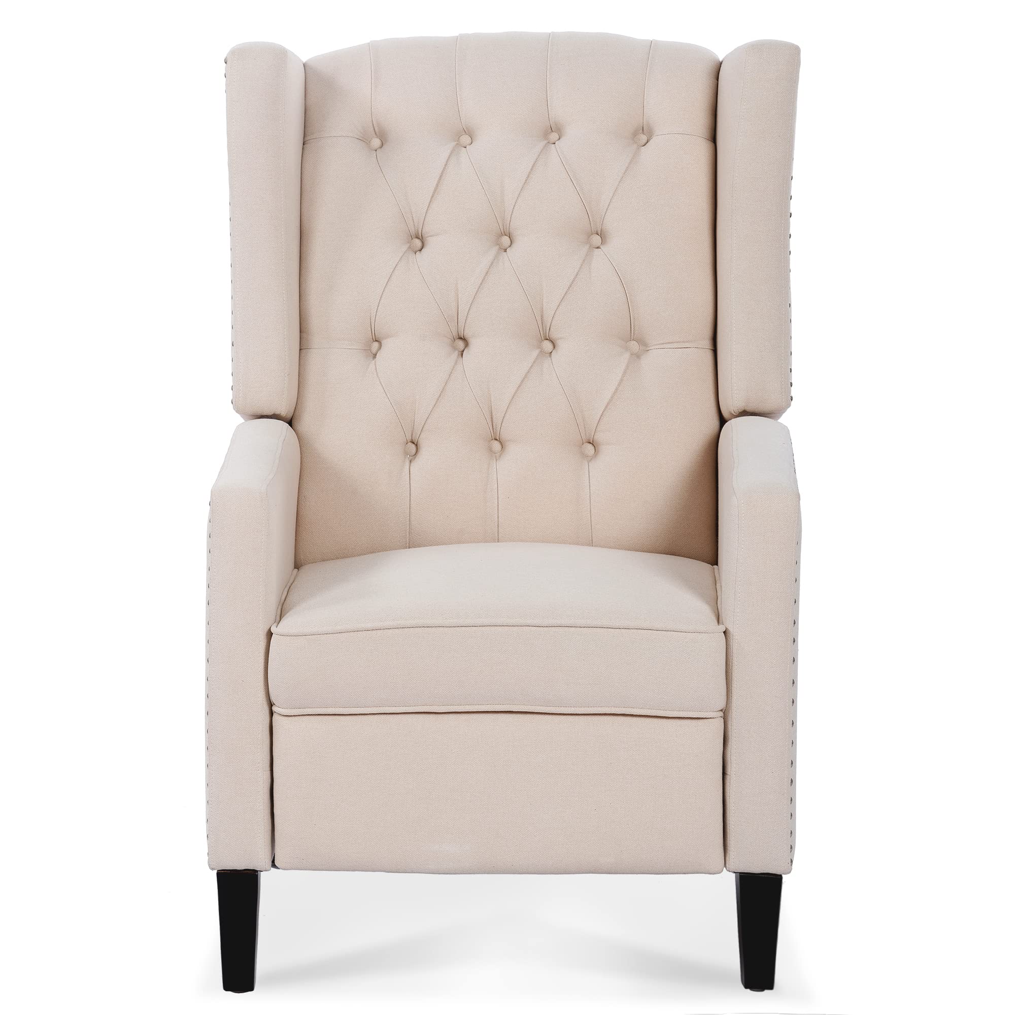 Mid-Century Modern Wingback Accent Chair with Recliner, Button Tufted Upholstery & Nailhead Trim - Padded Lounge Armchair for Living Room, Bedroom, or Office - Comfortable Single Sofa in Beige - Perfect for Relaxing, Reading, or Adding Elegant Style to Your Home Decor