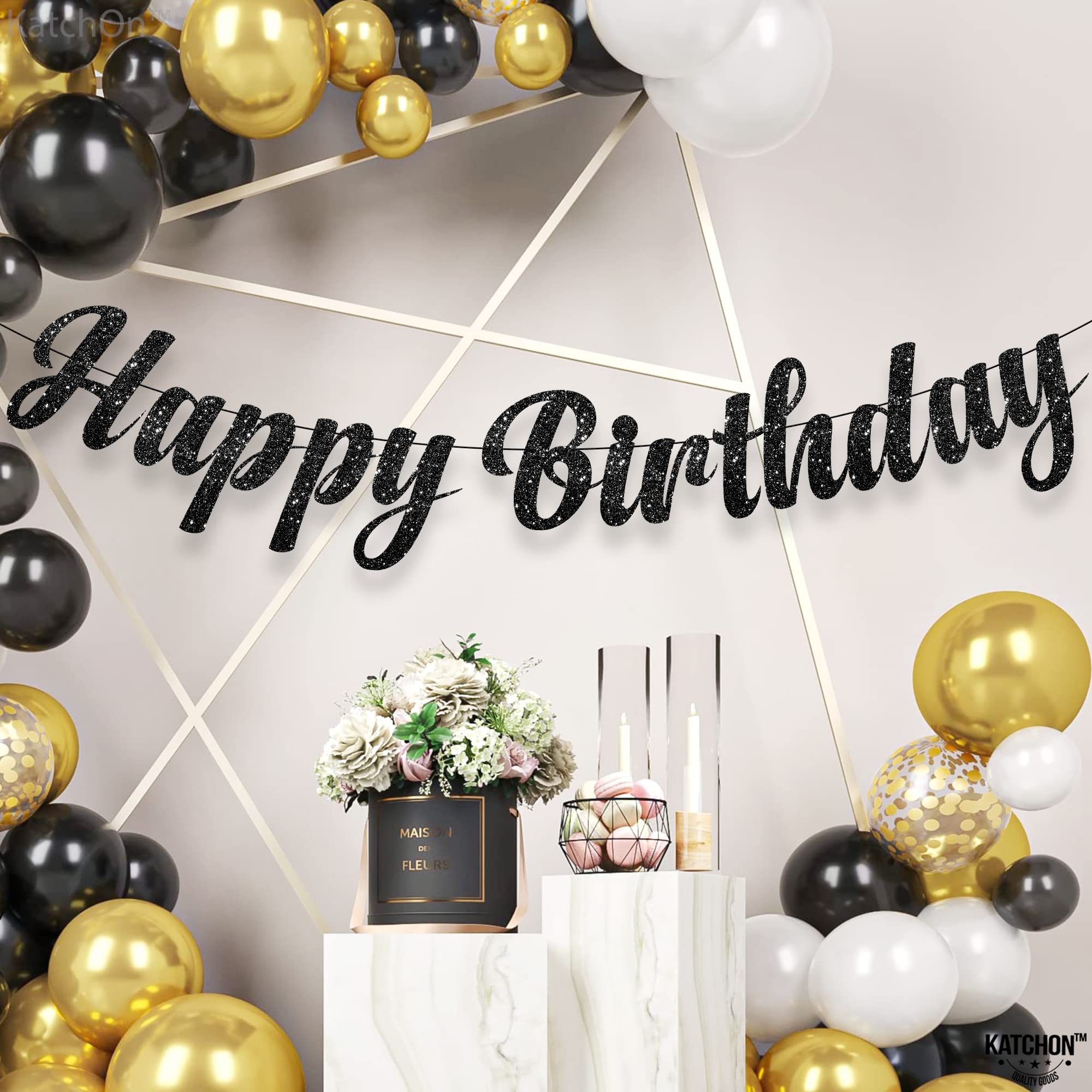 KatchOn Glitter Black Happy Birthday Banner - Pre-Strung 10ft Large Birthday Sign for Men | Gothic Birthday Party Decorations | Perfect for Adult Birthday Parties, Halloween Celebrations & Dark Theme Events