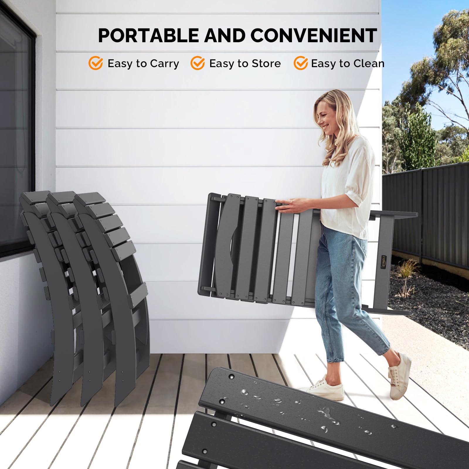 VINGLI 4-Pack Folding Plastic Adirondack Chairs - 350LB Capacity All-Weather Outdoor Furniture for Patio, Poolside, Porch, Beach & Camping - Heavy Duty Black Lawn Chairs Perfect for Backyard Relaxation & Fire Pit Gatherings