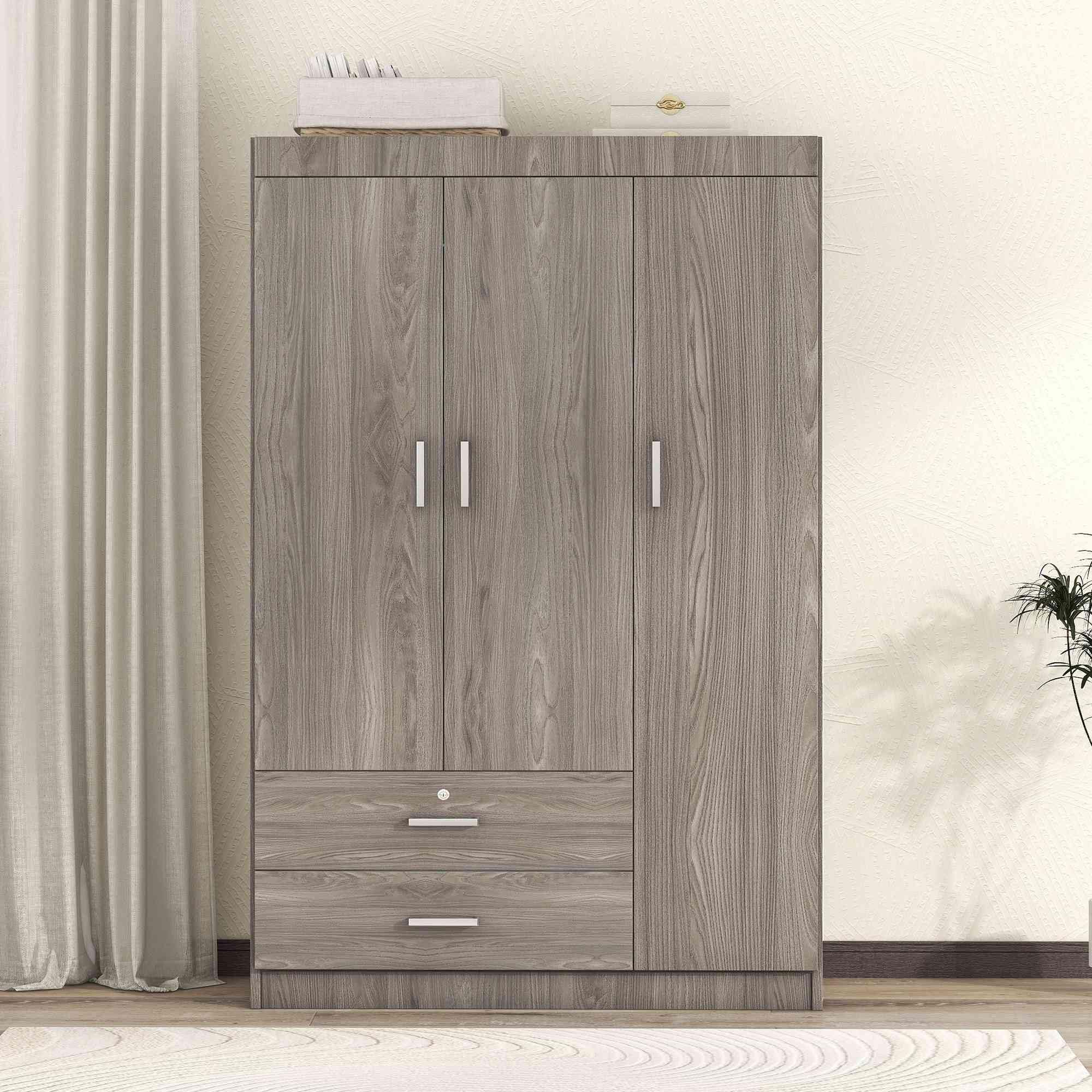 ATY Wooden 3-Door Wardrobe Closet with 2 Drawers & Shelves, Freestanding Clothes Storage Cabinet with Hanging Rail - Gray Armoire Organizer for Bedroom, Closet, Dorm Room & Home Office Storage Solution