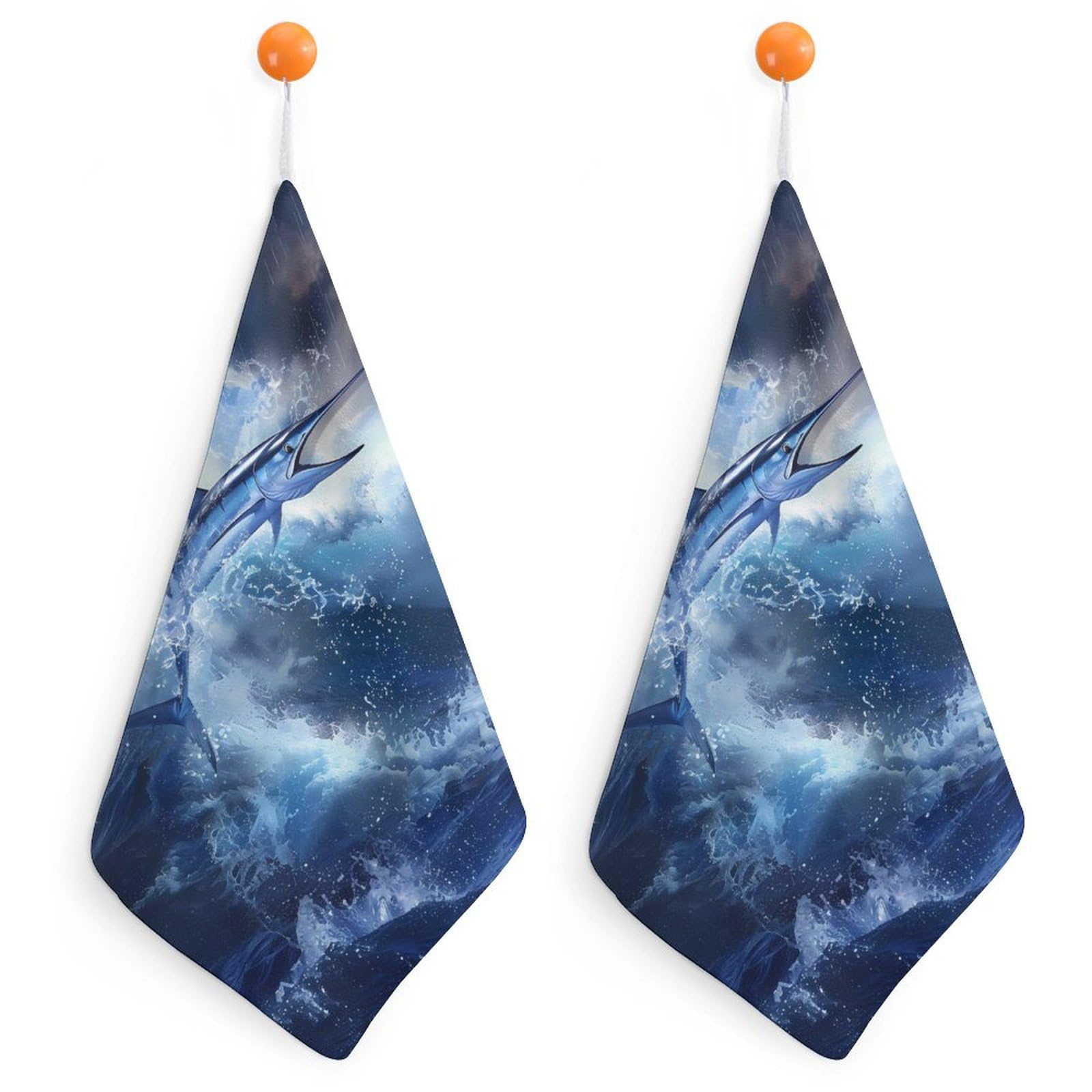 Premium Blue Marlin Fish Hand Towel & Washcloth Set - Soft, Absorbent Bath Towels with Hanging Loop for Travel, Home & Bathroom - 2PCS - Perfect for Beach Houses, Nautical Decor & Ocean-Themed Bathrooms