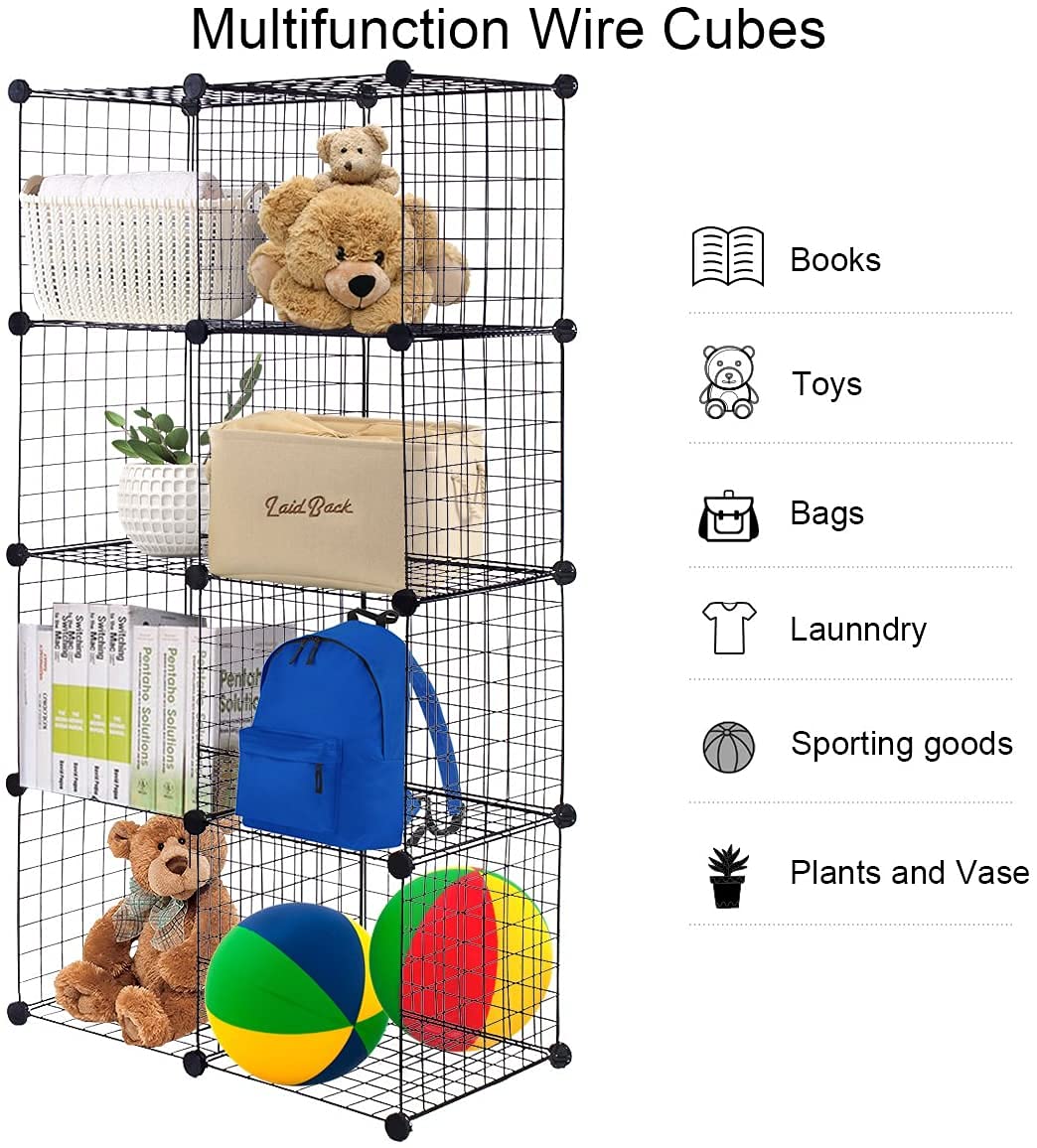 Safeplus DIY Wire Cube Storage Shelves - 8-Cube Stackable Grid Organizer for Books, Clothes & Home Organization (Black) | Perfect for Bedroom, Closet, Office & Dorm Storage Solutions