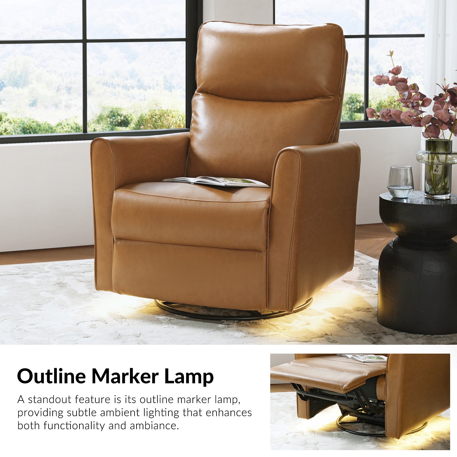 Modern Faux Leather Power Swivel Recliner Chair with USB Charging & Adjustable LED Reading Lamp - Perfect for Home Theater, Living Room & Office Relaxation