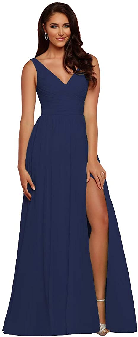 2024 V-Neck Sleeveless Chiffon Bridesmaid Dress with Side Slit - Long Prom Gown for Wedding Guests in Stormy Blue | Perfect for Formal Events, Evening Parties & Special Occasions