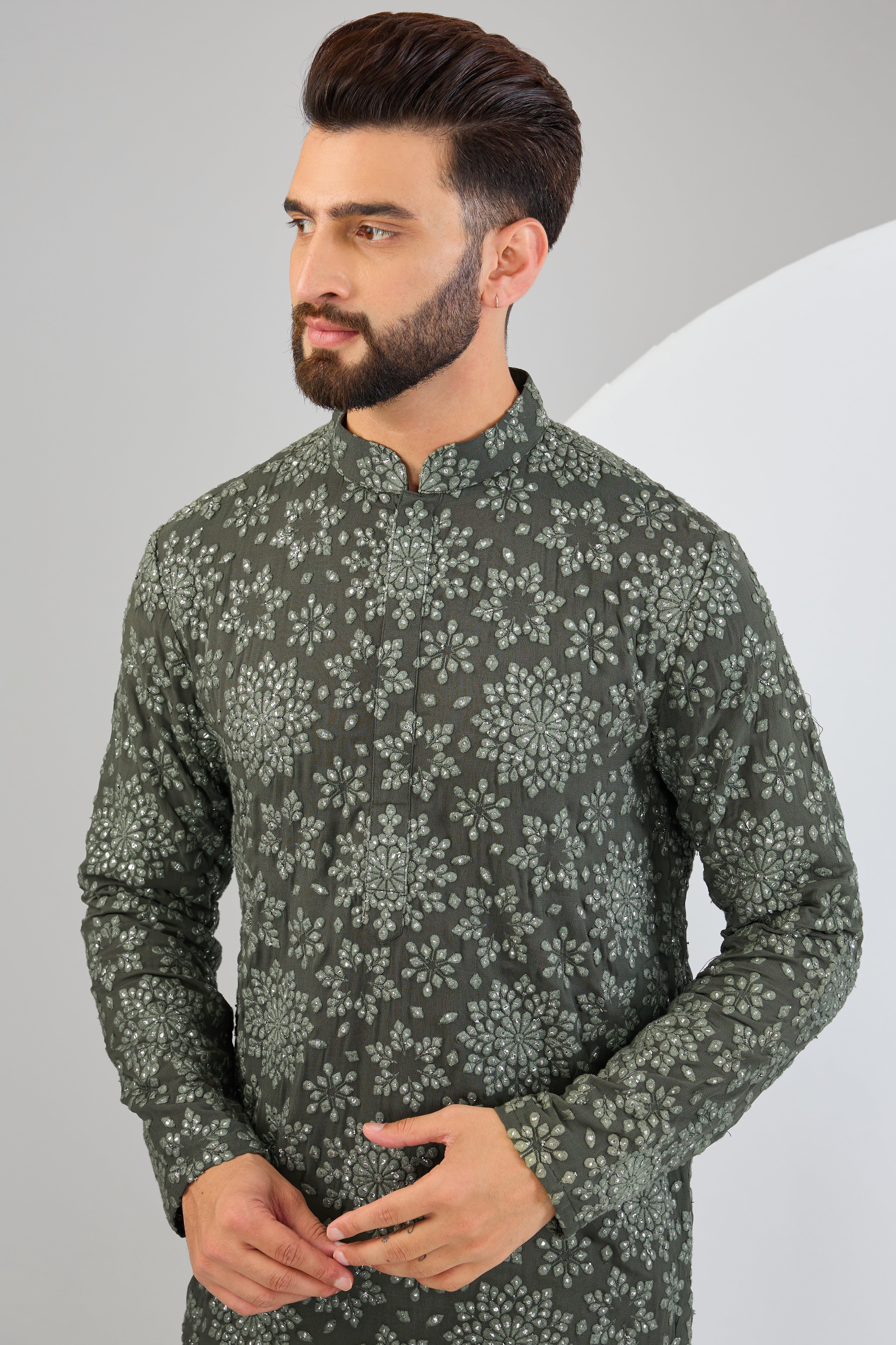 Stylish Military Green Kurta with Intricate Floral Embroidery & Sequin Work - Perfect for Festivals, Weddings & Ethnic Fashion