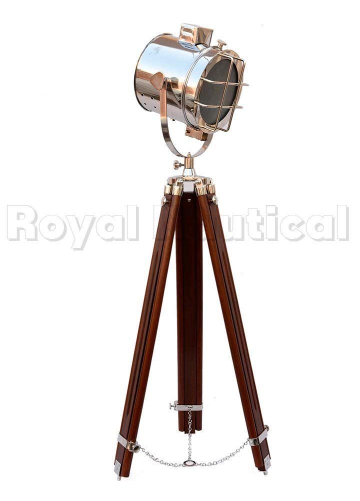 Vintage Nautical Wooden & Chrome Finish Adjustable Floor Lamp - Modern Spot Search Light for Living Room, Bedroom, or Office Decor