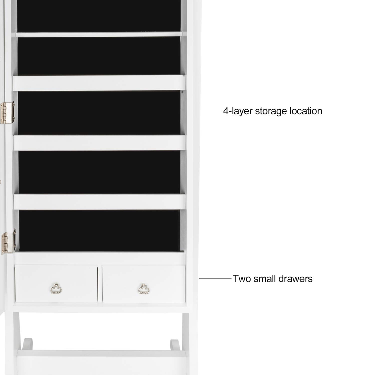 White Floor Length Jewelry Cabinet with Mirror - Home Office Storage Organizer for Jewelry, Accessories & Decor | Dressing Room, Bedroom & Closet Organization