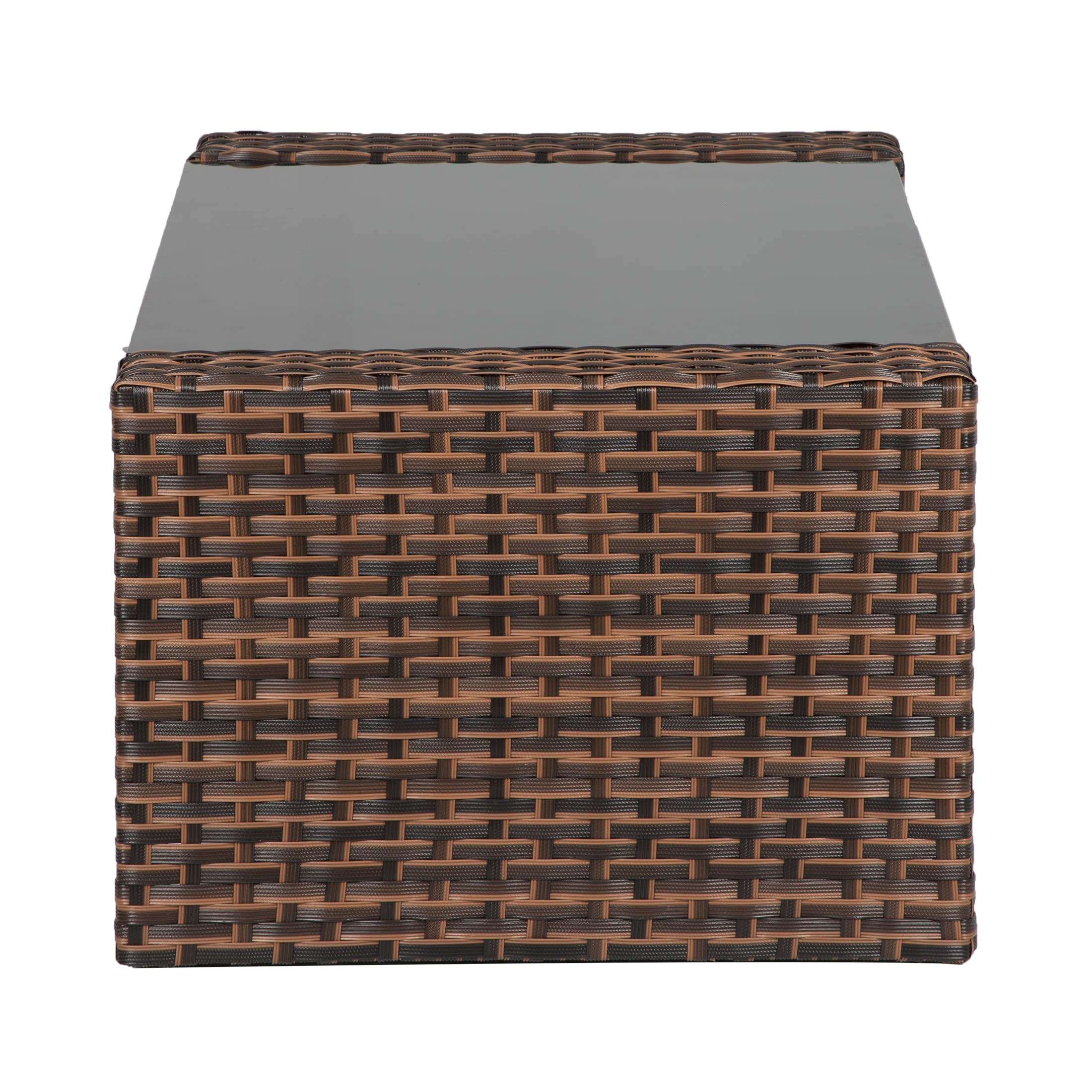 WO Home Furniture 4-Piece Patio Conversation Set - Brown Rattan Wicker Sofa, Chairs & Coffee Table with Navy Blue Pillow Cushions - Outdoor Garden, Backyard, Poolside Lounge Furniture Set for Relaxing & Entertaining