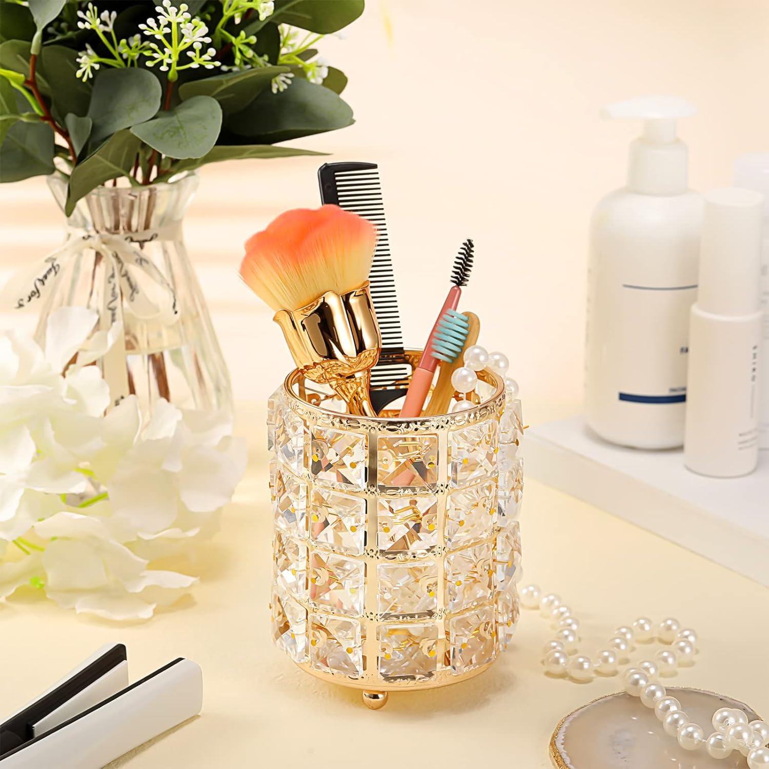 AKOAK 1 Pack Crystal Makeup Brush Holder - Gold Cosmetic Organizer for Eyebrow Pencils, Lipsticks & Makeup Tools | Perfect for Dressing Table, Bedroom, Office & Travel Storage
