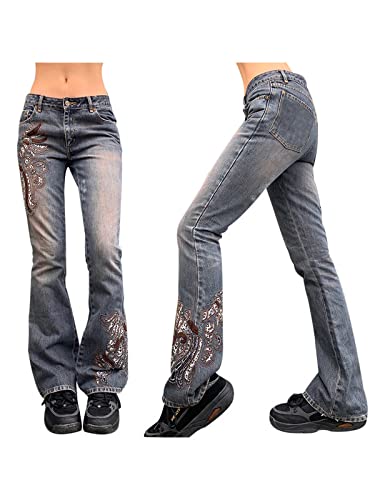 Gothic High Waisted Vintage Print Punk Pants for Women - Y2K Cyber Baggy Jeans, Emo Nightclub Streetwear (Perfect for Concerts, Raves & Alternative Fashion)