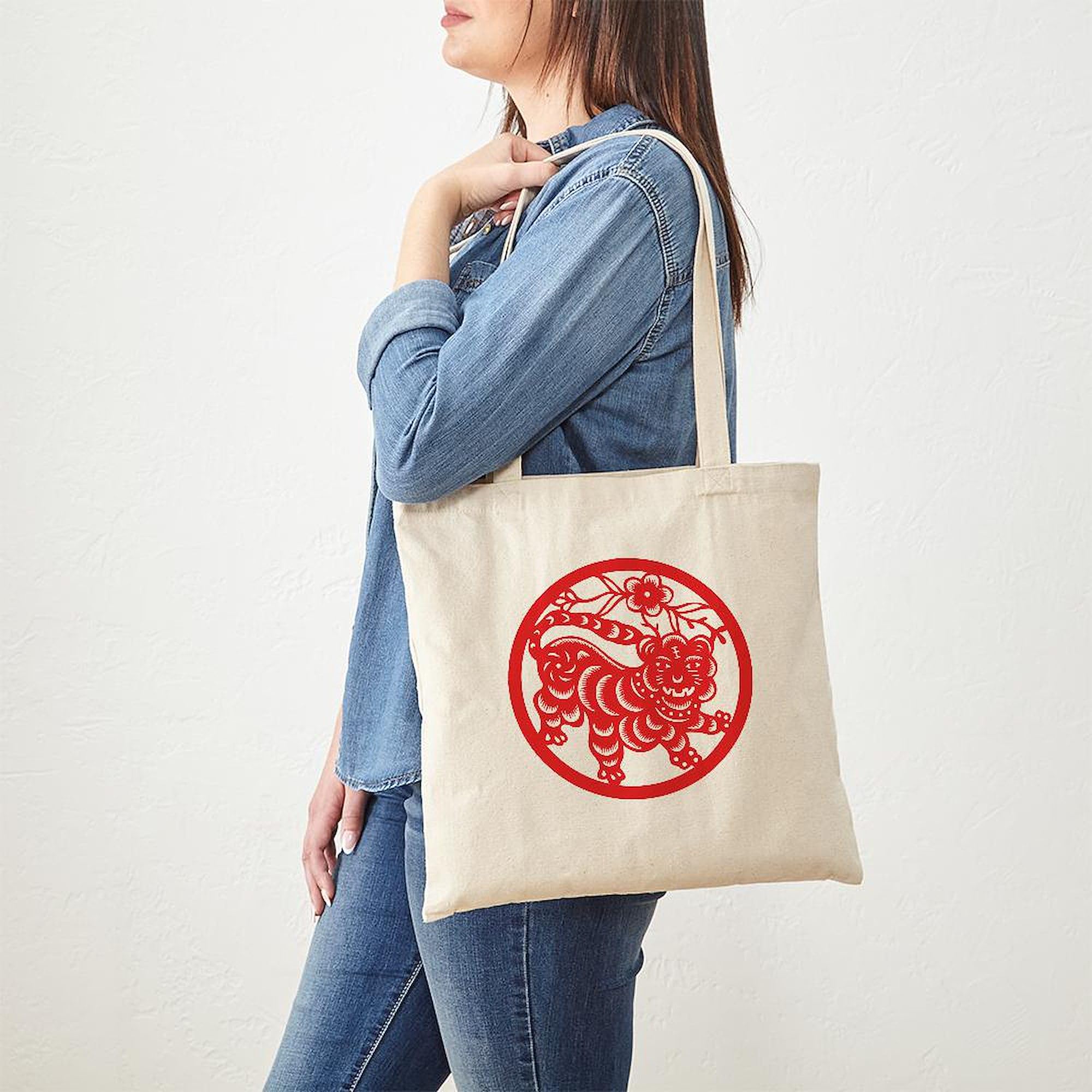Year Of The Tiger Tote Bag - Natural Canvas Reusable Shopping Bag with Zodiac Design | Eco-Friendly Grocery & Beach Tote for Women & Men
