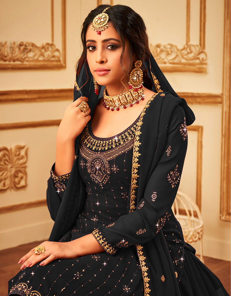 Elegant Black Lehenga Style Suit - Faux Georgette Fabric for Women's Ethnic Wear - Perfect for Weddings, Festivals & Special Occasions