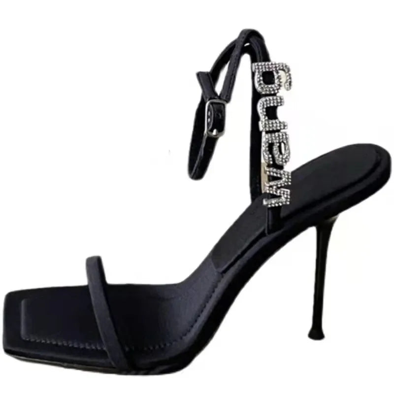 Sexy Black High Heel Sandals for Women - One Strap Buckle Summer Diamond Letter Square Heels - Perfect for Parties, Weddings & Date Nights