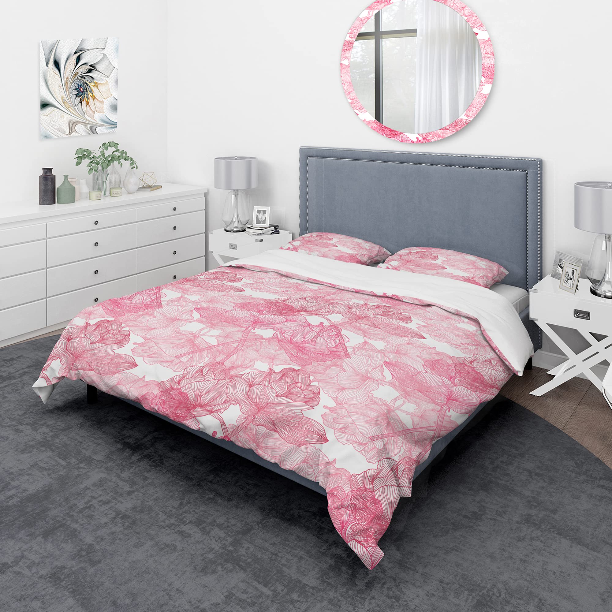 Hand Drawn Floral Duvet Cover Set King - Red Flowers Cabin Bedding for All Seasons