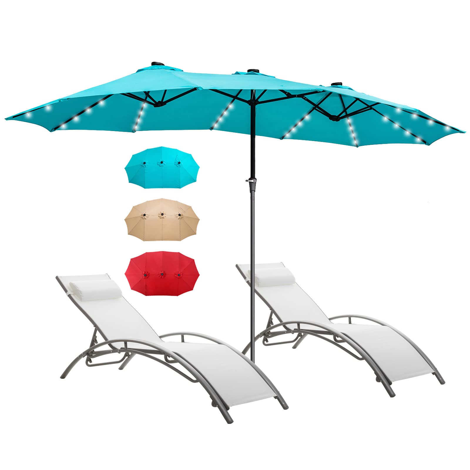 GDY 15Ft Solar Powered Patio Umbrella with 48 LED Lights - Double-Sided Aluminum Outdoor Market Umbrella in Blue - Perfect for Backyard, Poolside, and Outdoor Dining Areas