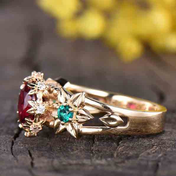 Vintage Ruby and Emerald Engagement Ring - Unique Floral Design for Wedding, Proposal, Anniversary, and Special Occasions
