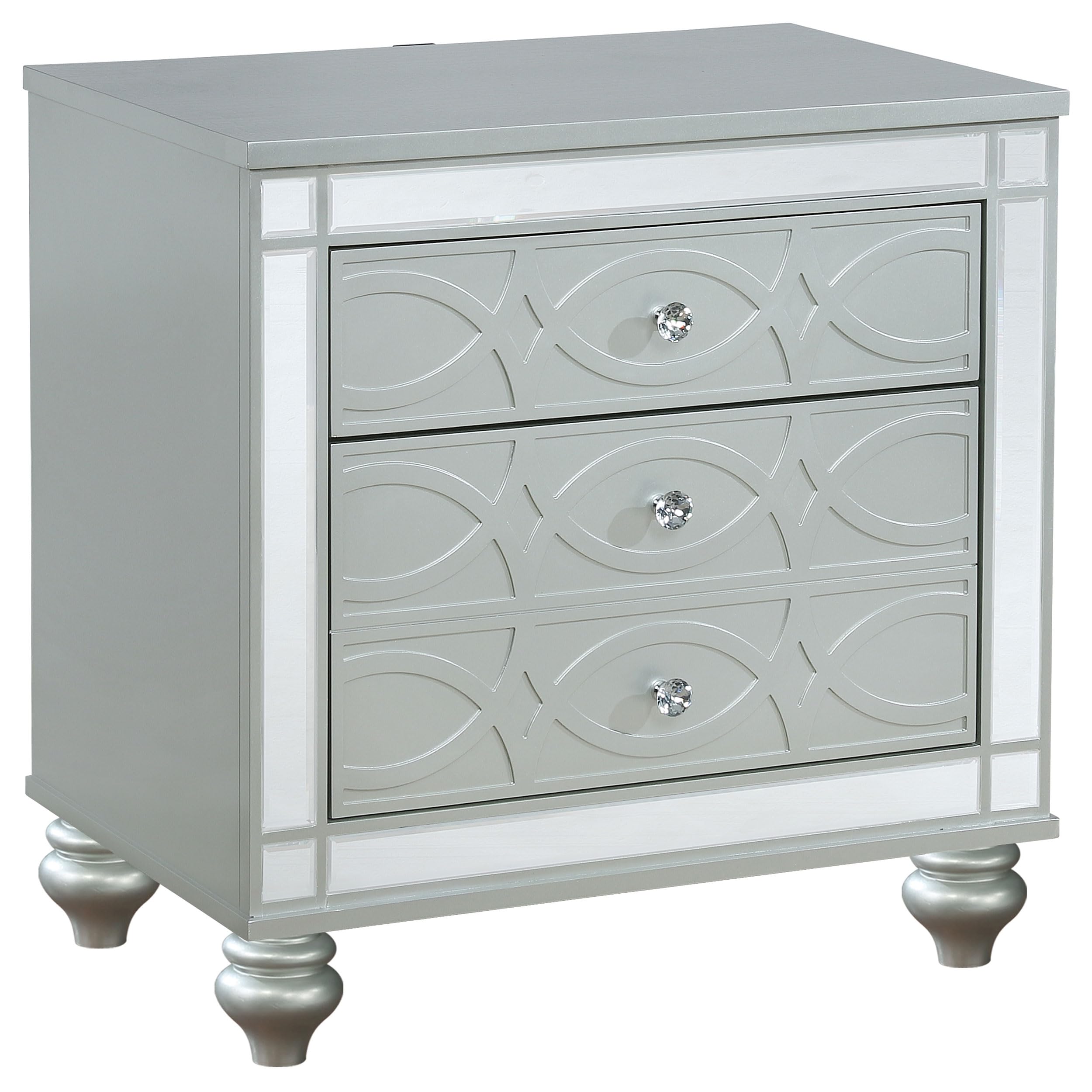 Modern Wood Nightstand with 2 Drawers & USB Charging Port - Silver Metallic Bedside Table for Bedroom Storage | Coaster Home Furnishings Gunnison Collection | Perfect for Small Spaces, Apartment Living & Guest Rooms
