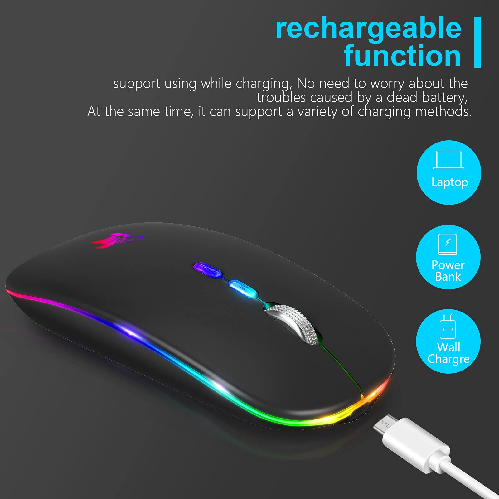 Hotlife Slim Rechargeable Wireless Mouse - Silent LED Optical 2.4G/Bluetooth Dual Mode Computer Mouse with USB Receiver & Type C Adapter (Black) for Office, Gaming & Travel Use