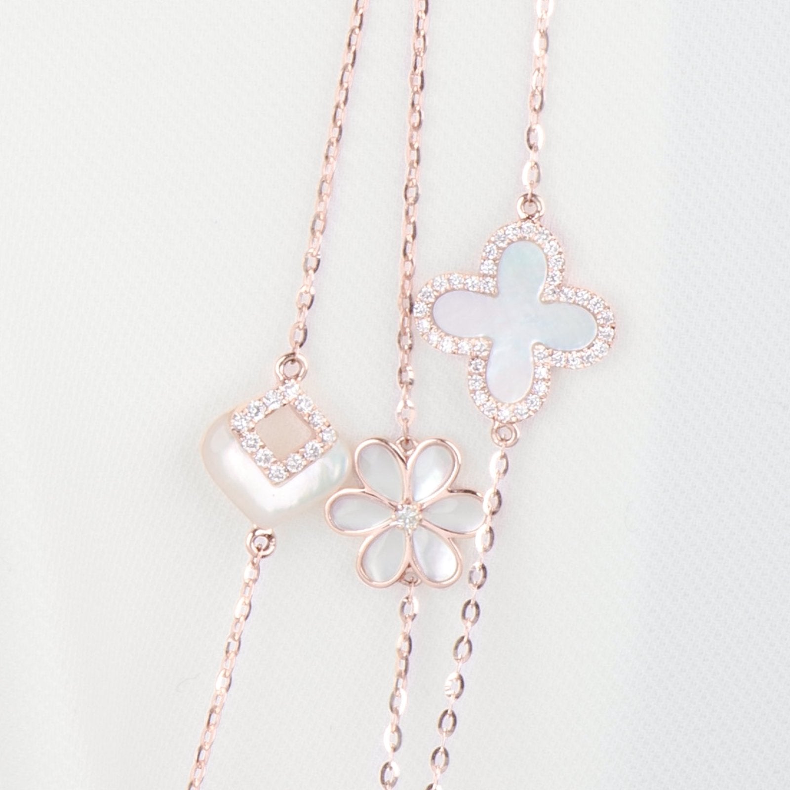 14k Rose Gold Mother of Pearl & Diamond Halo Clover Charm Bracelet - Elegant Jewelry Gift for Women, Perfect for Weddings, Anniversaries & Special Occasions