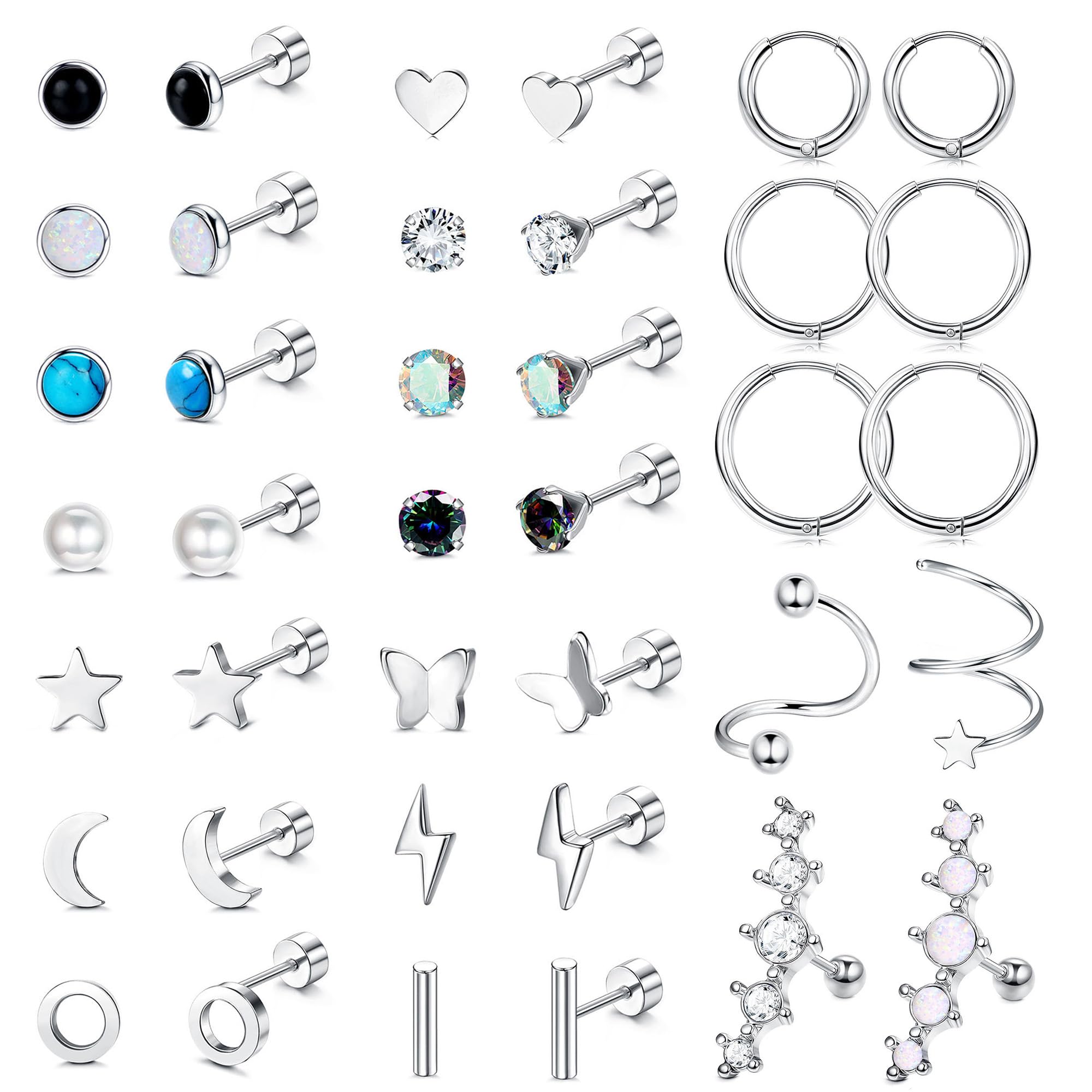 JeweBella 19 Pairs Hypoallergenic Surgical Steel Earrings - Flat Back Studs, Hoops & Cartilage Sleepers for Women & Men | Opal & Zirconia Small Earring Set for Multiple Piercings | Perfect for Daily Wear, Gifts & Piercing Stacks