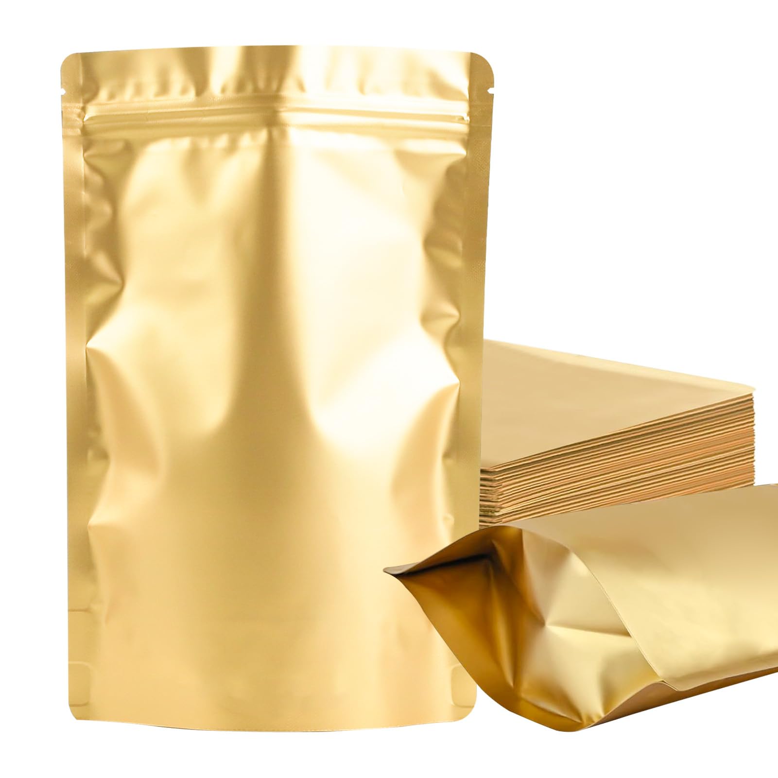 100 Pack Mylar Smell Proof Bags - Resealable Gold Stand Up Pouch Bags with Foil Seal for Food Storage, Coffee, Tea, Herbs & Spices | 3.93×5.9 Inch | Airtight Packaging for Freshness & Odor Control