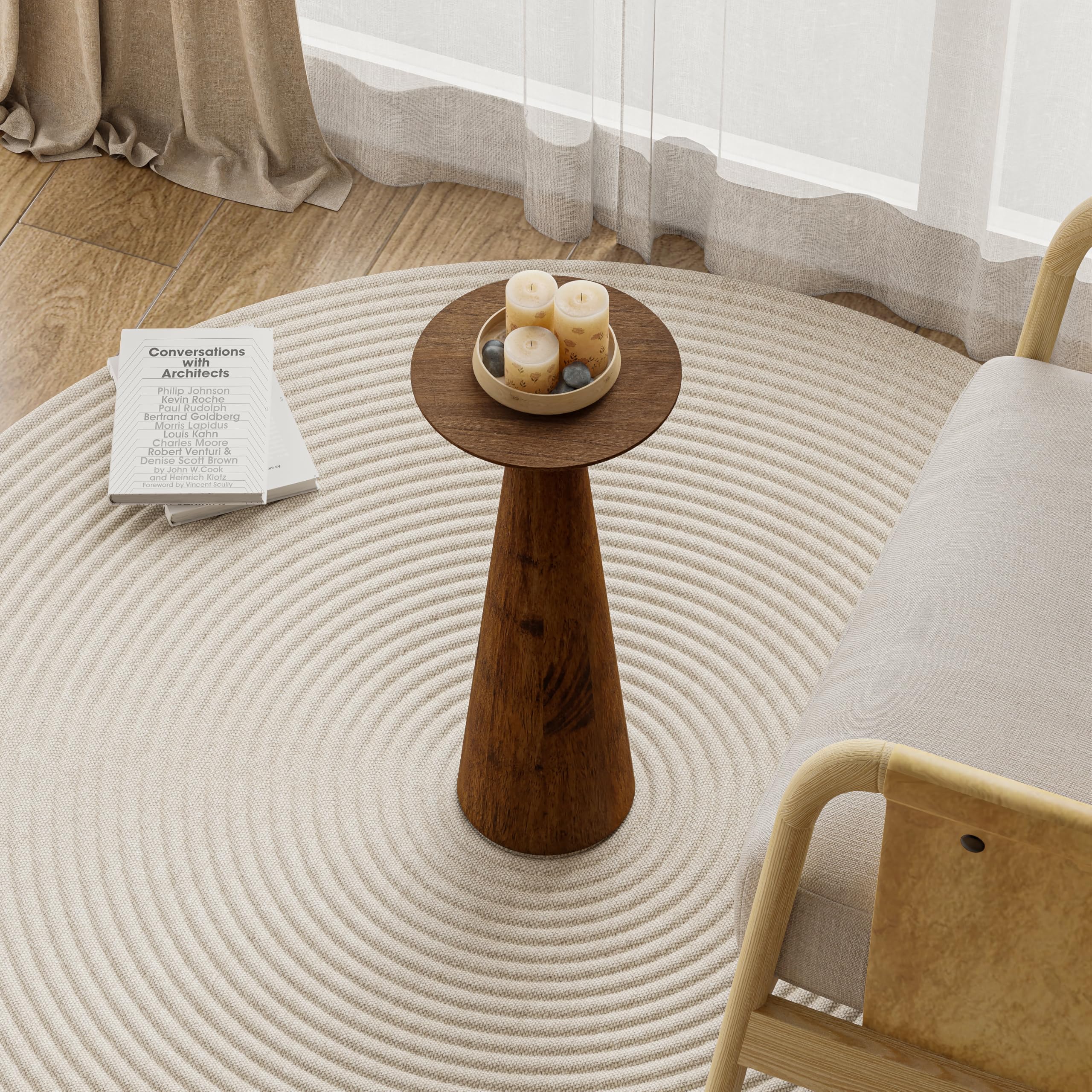 Farmhouse Tall Pedestal End Table - Solid Wood Martini Table, Modern Round Drink Stand for Small Spaces - Perfect for Living Room, Bedroom or Office - Walnut Finish
