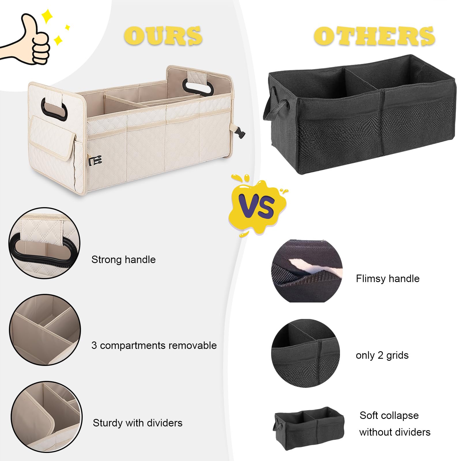 JiatuA Collapsible Multi-Compartment Car Trunk Organizer for SUV - Adjustable Storage Container Box for Women & Men (Beige) | Perfect for Road Trips, Grocery Shopping & Car Organization