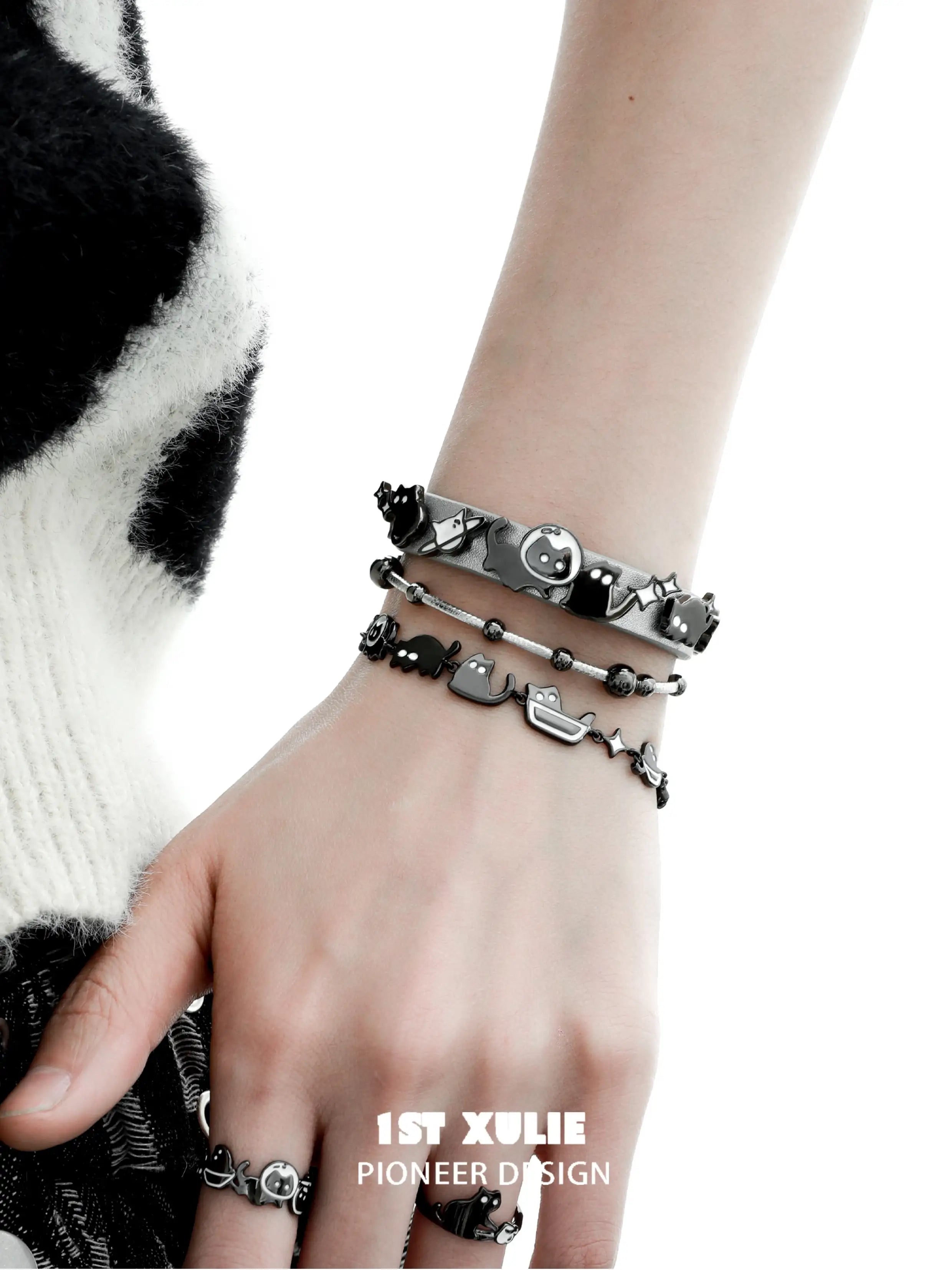 18K Black Gold Plated Leather Bracelet with Ghost & Black Cat Charm - Gothic Jewelry for Women, Perfect for Halloween, Witchy Aesthetic & Dark Fashion Accessories