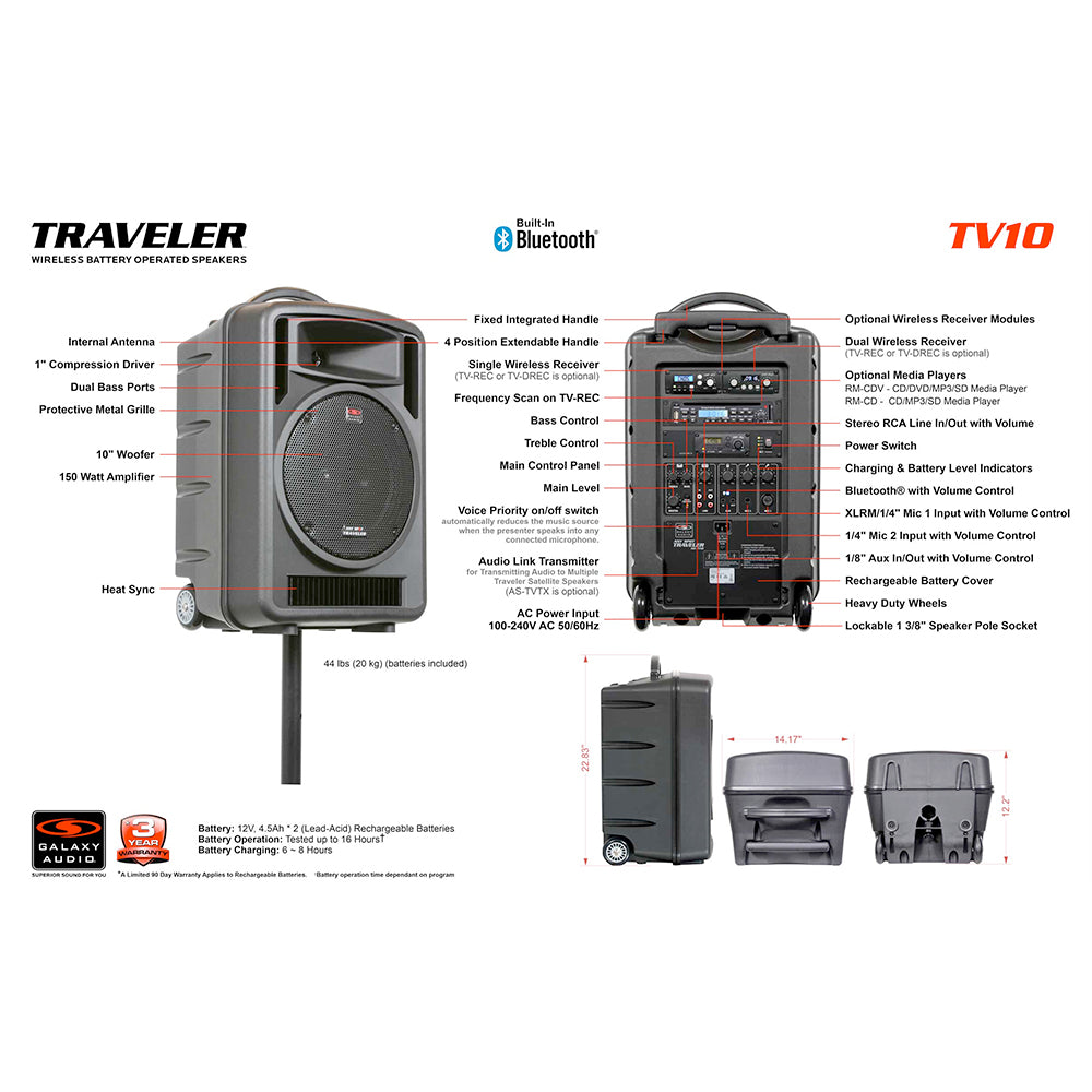 Galaxy Audio Traveler TV10 2 Portable Bluetooth Speaker with Emic Microphone - Perfect for Outdoor Adventures, Travel, and Home Entertainment