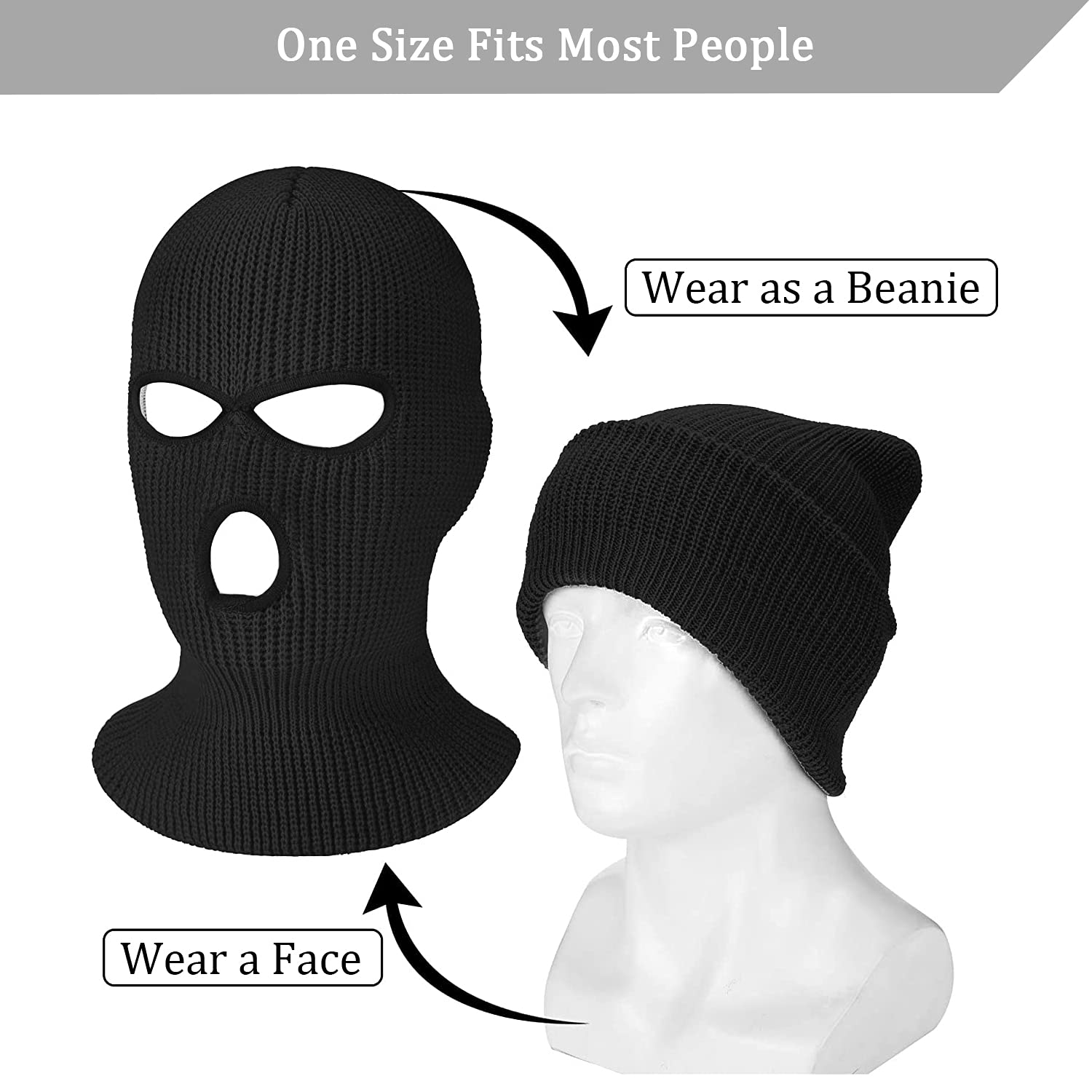 2 Pack 3-Hole Knitted Full Face Cover Ski Mask - Winter Balaclava for Men & Women - Warm Face Mask for Skiing, Snowboarding, Motorcycling & Outdoor Sports