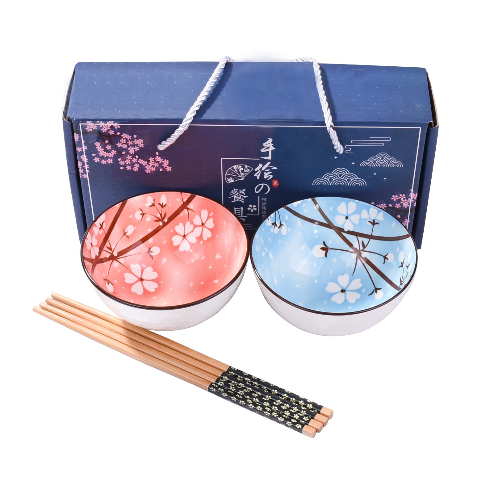 Premium Japanese Ceramic Rice Bowls - Set of 2 Sushi Bowls for Nuts, Sauces & Snacks (Blue & Pink) - Perfect for Sushi, Asian Cuisine & Home Dining