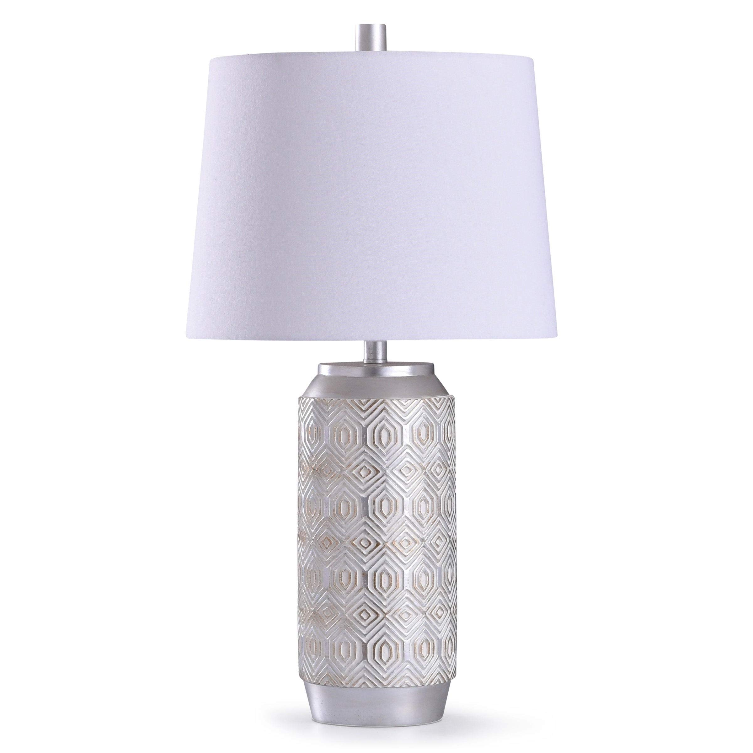 Silver Diamond Etched Table Lamp with White Tapered Drum Shade - Modern Contemporary Bedside & Living Room Lighting for Home Office Decor