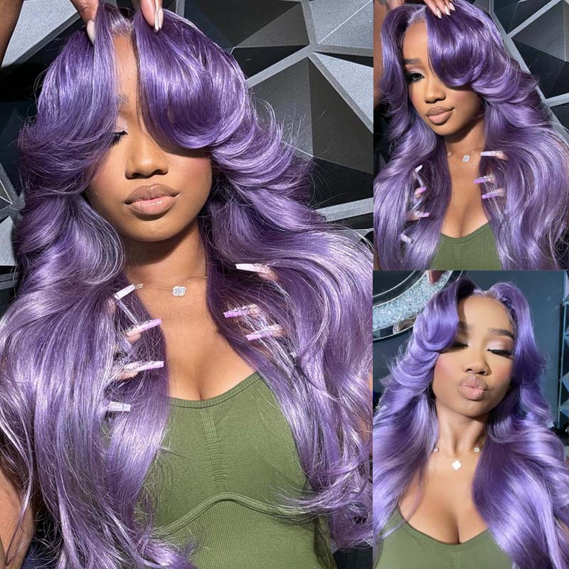 Eullair Lavender Purple Body Wave Human Hair Wig with 13x4 Lace Frontal - Pre Plucked, Transparent Lace, Layered Curtain Bangs for Women | Perfect for Cosplay, Daily Wear & Special Occasions