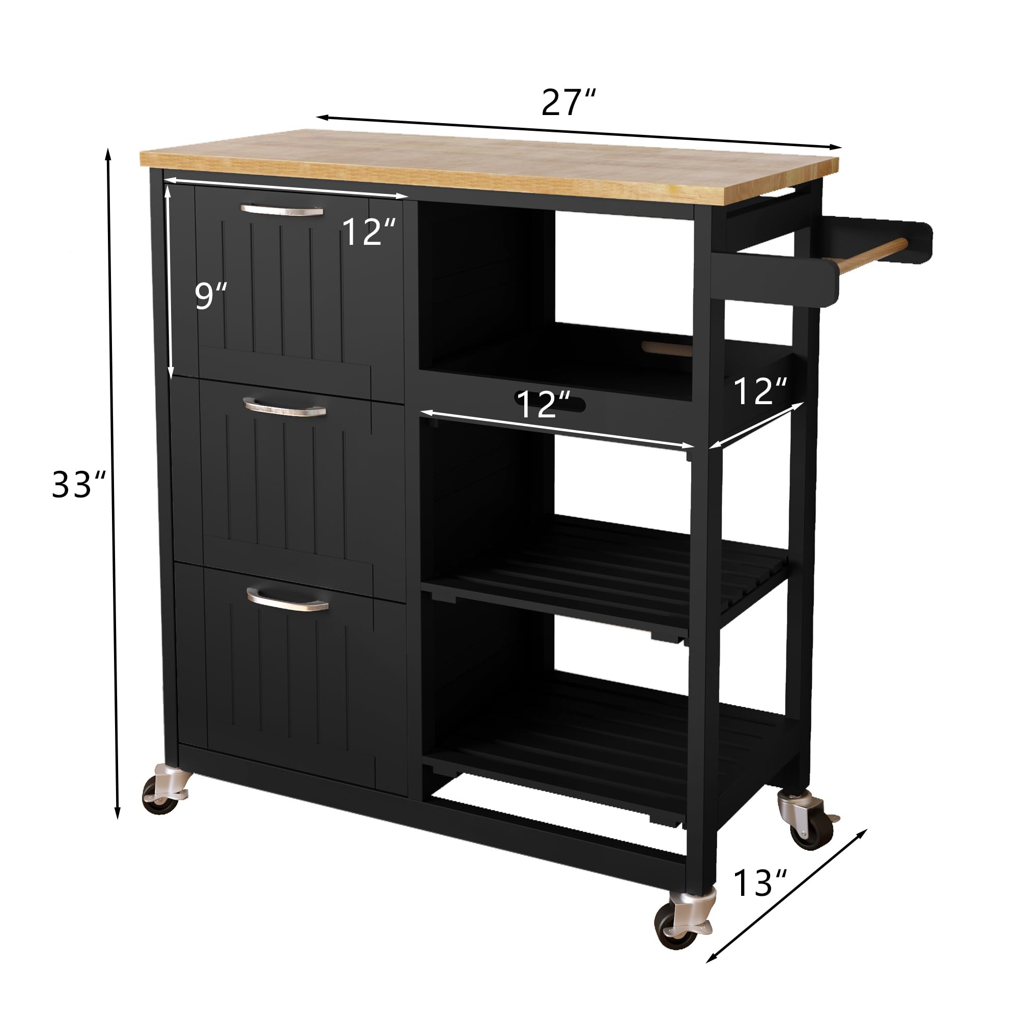 Usinso 3-Tier Rolling Kitchen Cart with Storage - Small Kitchen Island on Wheels, 3 Drawers & Solid Wood Top, Handle Racks - Perfect for Small Spaces, Serving Bar Cart, Pantry Organization & Mobile Kitchen Workstation (Black)