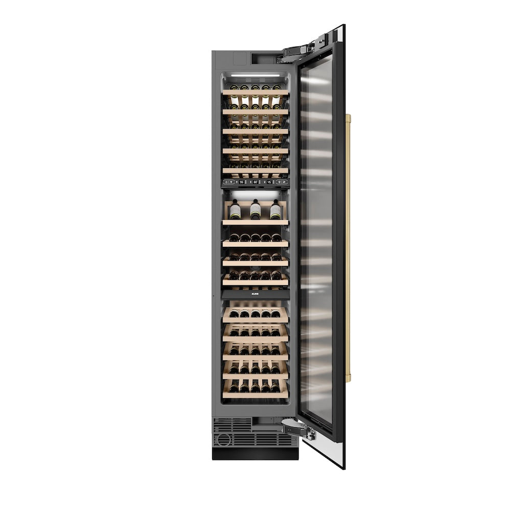 ZLINE Autograph Edition 18-Inch 9.0 cu. ft. Triple Zone 68-Bottle Right Hinge Column Wine Cooler - Black Stainless Steel with Champagne Bronze Accents (RCWVRZ BS 18 CB) | Perfect for Wine Cellars, Restaurants & Home Bars