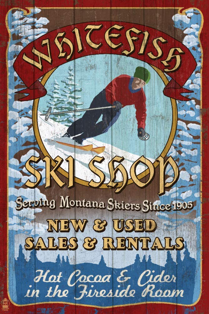 Vintage Whitefish Montana Ski Shop Sign - 16x24 Gallery Quality Metal Art Wall Decor for Ski Lodge, Cabin & Home - Durable Aluminum Sign for Ski Enthusiasts & Collectors