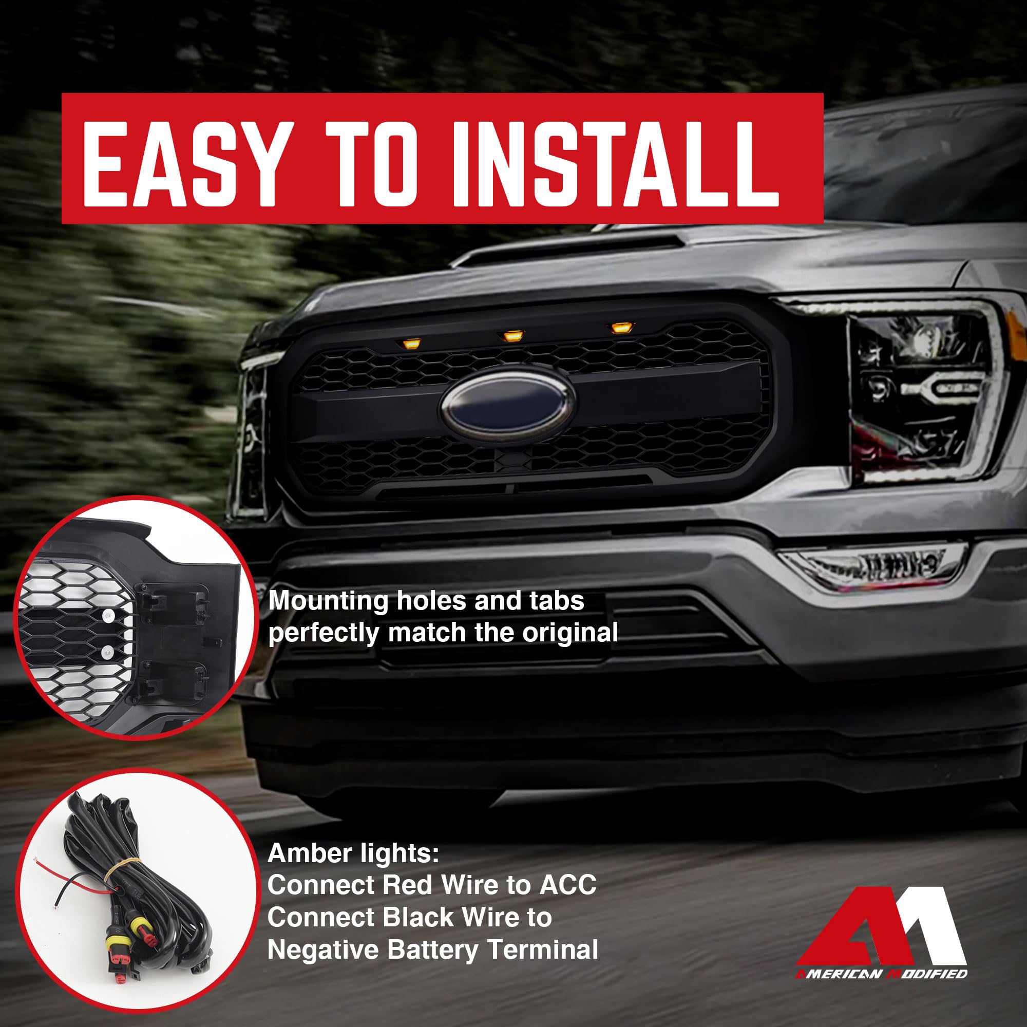 Raptor Style Mesh Grill with Amber LED Lights & Emblem Base for 2021-2023 Ford F150 | Matte Black Front Bumper Grille | Off-Road & Street Customization Upgrade