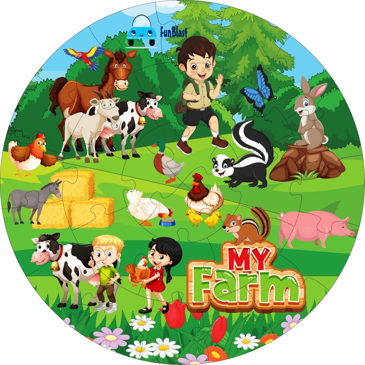FunBlast 28-Piece Wooden Farm Animals Jigsaw Puzzle for Kids Ages 4+ | Eco-Friendly Paperless Floor Puzzle | Educational Learning Toy for Boys & Girls | Perfect for Birthday Gifts, Classroom Activities & Family Game Night