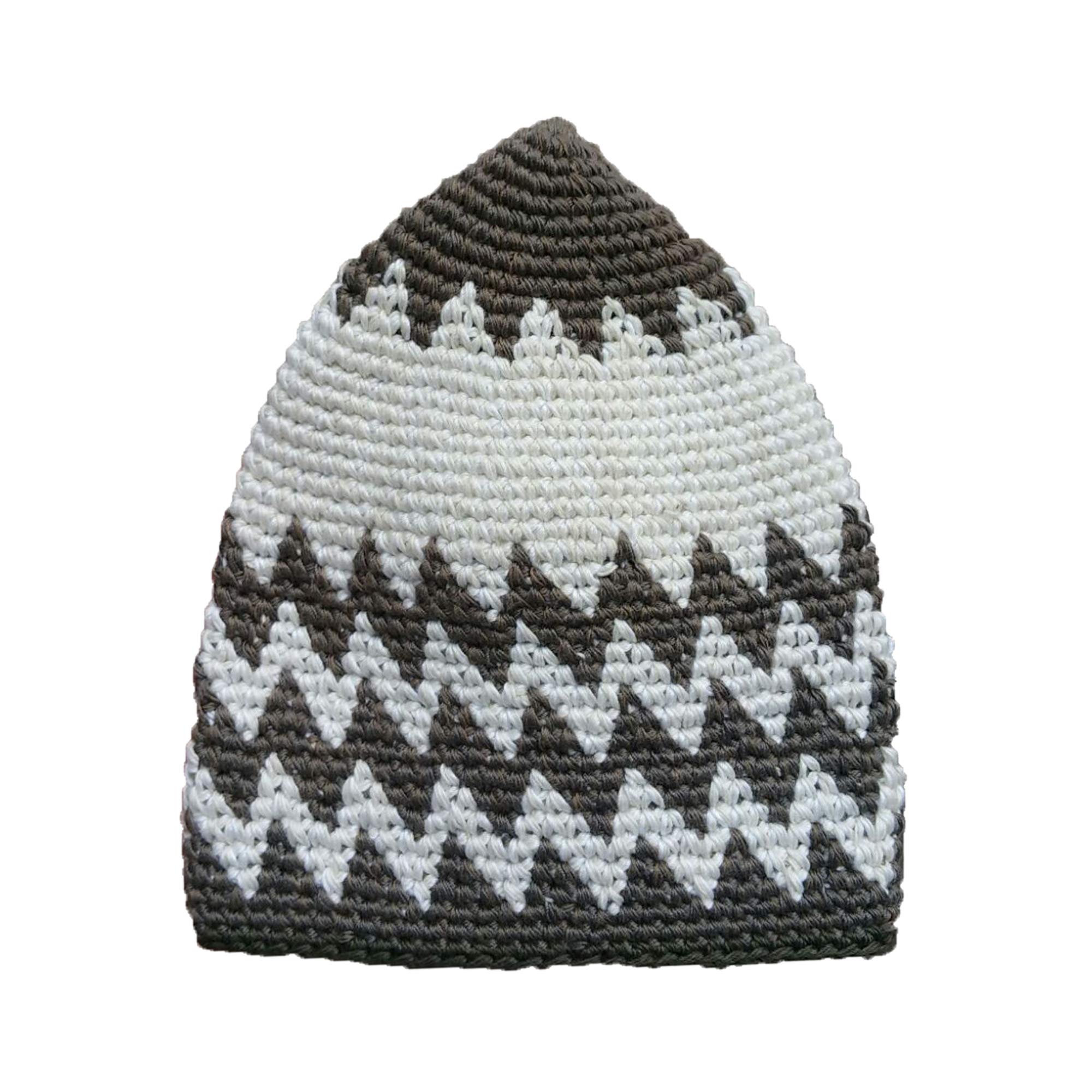 Hand-Crocheted Cotton Kufi Skull Cap Beanie - Dark Khaki & Light Cream Zigzag Pattern - Breathable & Durable Islamic Prayer Hat for Men - Perfect for Daily Wear, Religious Ceremonies, and Gifts