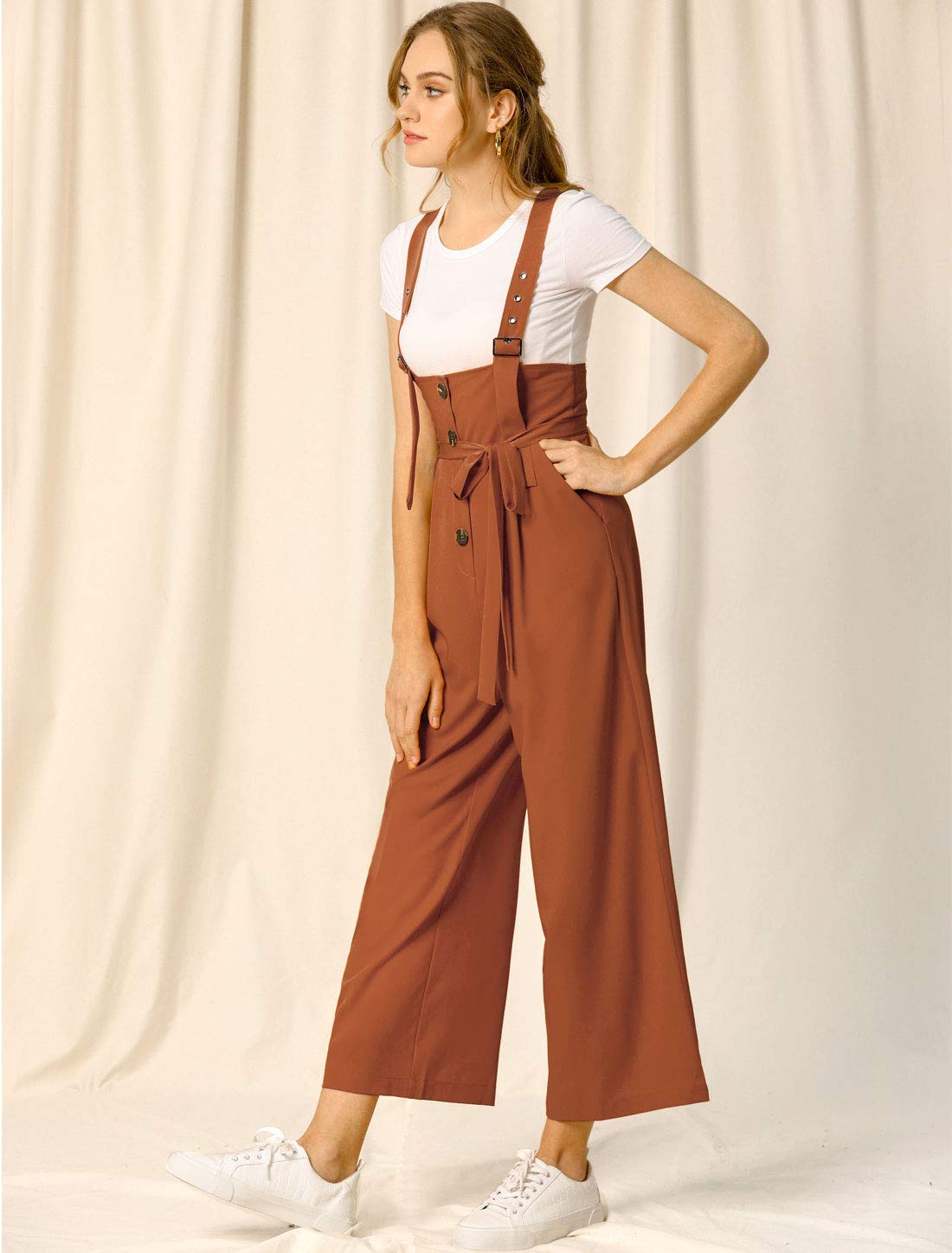 Allegra K Women's High Waist Wide Leg Belted Jumpsuit with Buttons - Stylish Long Overalls for Casual Wear, Office Outfits & Spring Fashion
