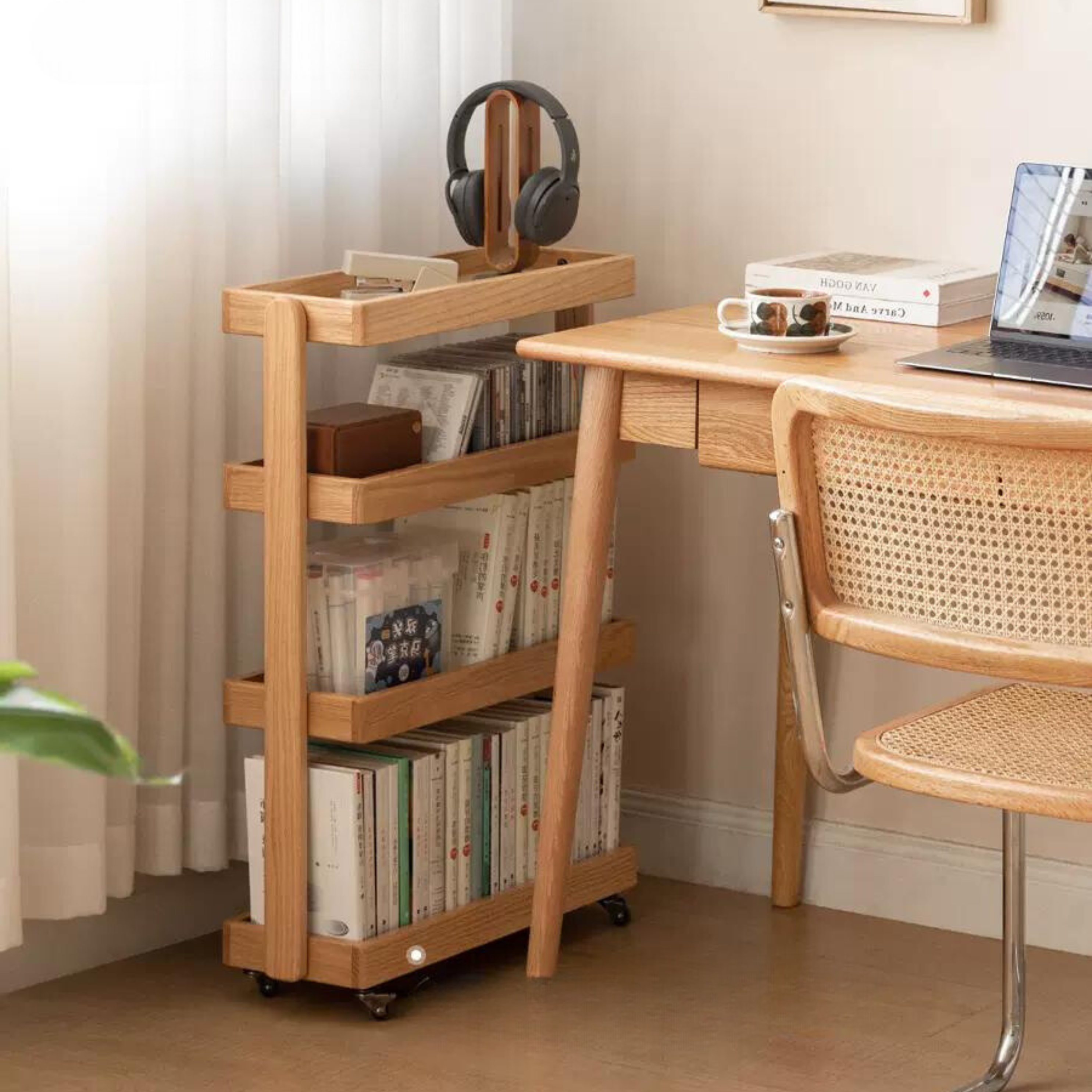 Oak Solid Wood Mobile Storage Rack Cart - Ultra Narrow Space-Saving Organizer for Kitchen, Bathroom, or Office Use