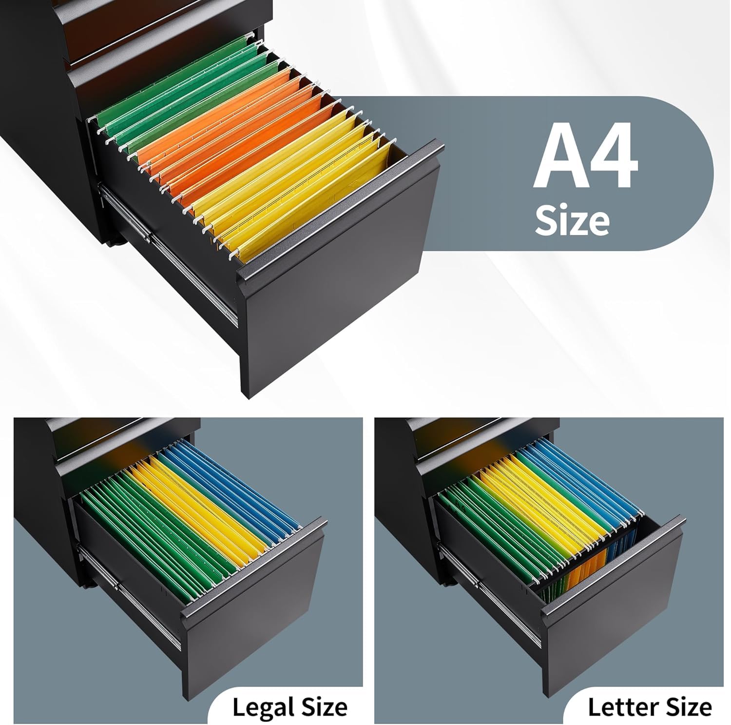Mobile File Cabinet with Lock - 3 Drawer Home Office Storage for A4/Letter/Legal Size Folders, Fully Assembled Matte Black Filing Cabinet | Perfect for Small Spaces & Document Organization