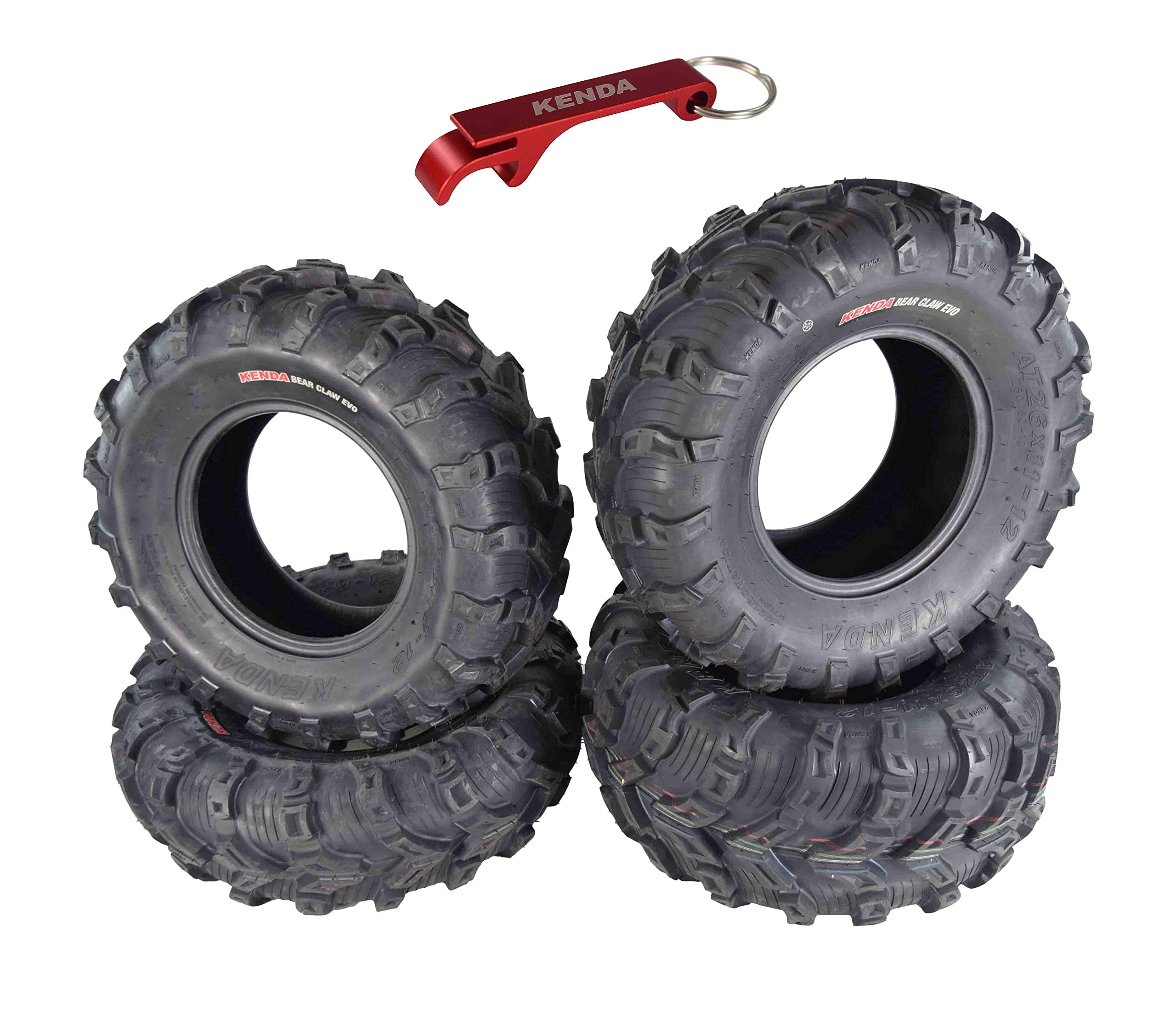 Kenda Bear Claw EVO ATV/UTV All-Terrain Mud Tires 26x9-12 Front & 26x11-12 Rear 4-Pack Set with Free Bottle Opener Keychain - Perfect for Off-Roading, Hunting & Farm Work