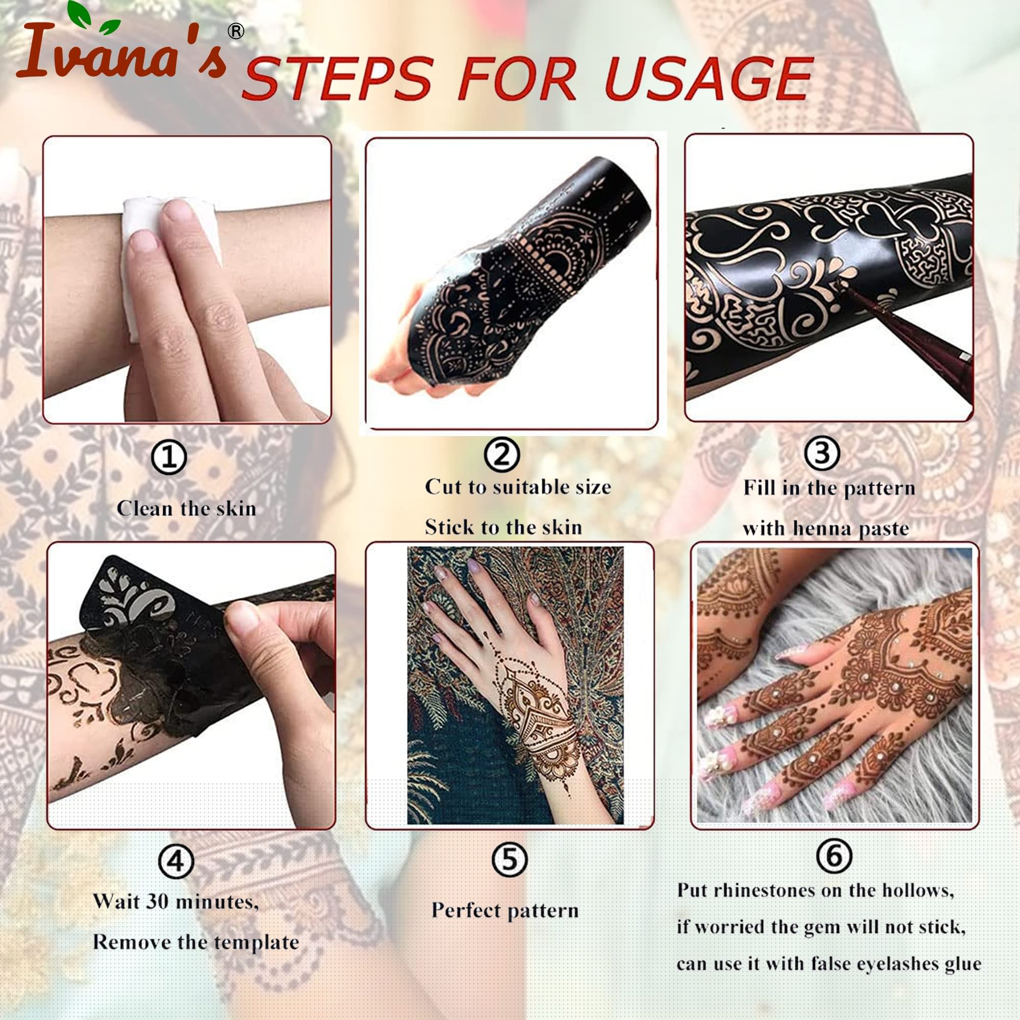 8 Pcs Henna Stencil Kit - 2 Henna Tattoo Stencils & 6 Reusable PVC Mehandi Templates for Hands | Easy DIY Henna Art for Women, Girls & Kids | Perfect for Weddings, Festivals & Special Occasions | IVNH-1067