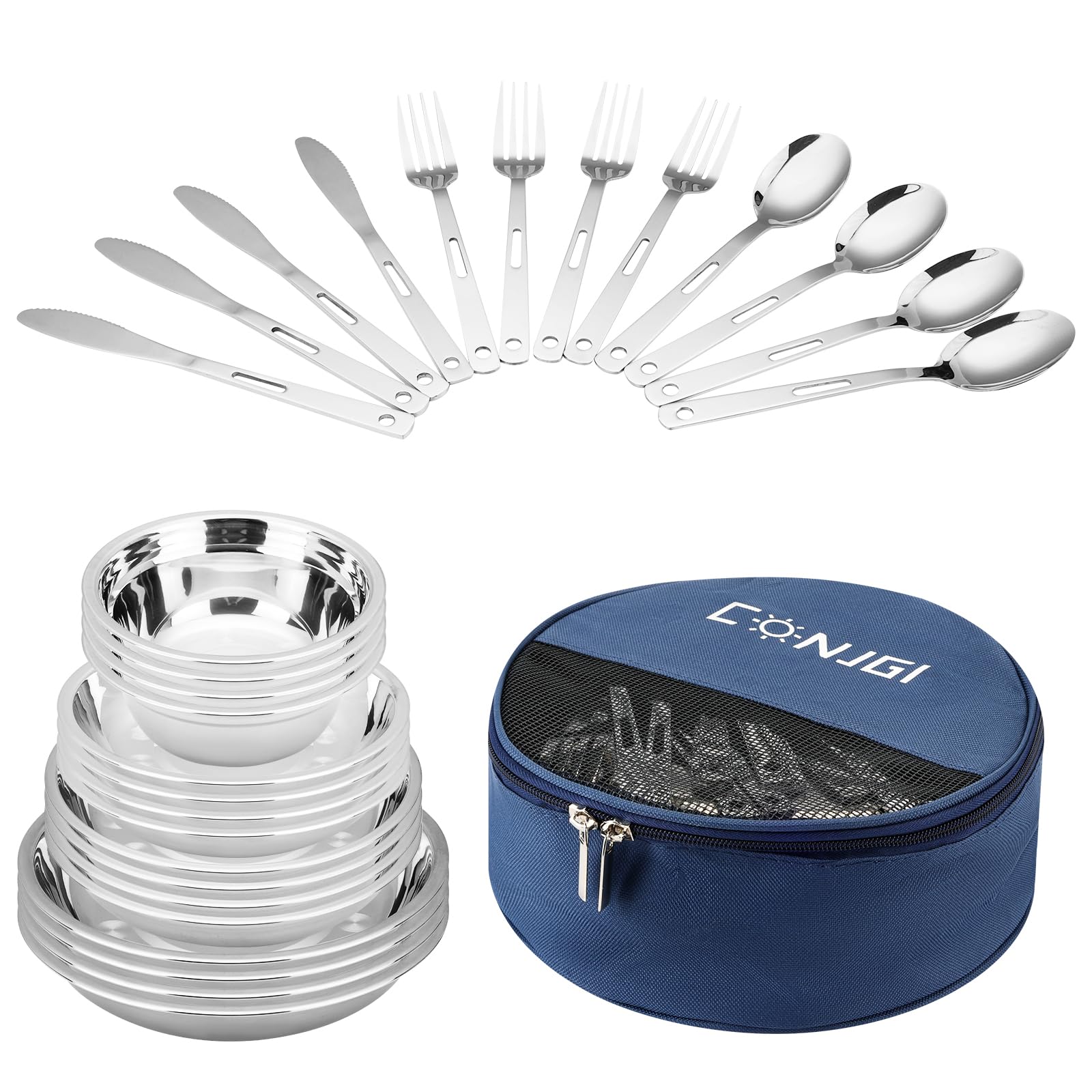 28-Piece Camping Mess Kit - Lightweight Dinnerware Set with Bowls, Plates, Knives, Forks & Spoons | Perfect for Outdoor Adventures, Picnics & RV Travel | Durable Camping Cookware & Essential Accessories