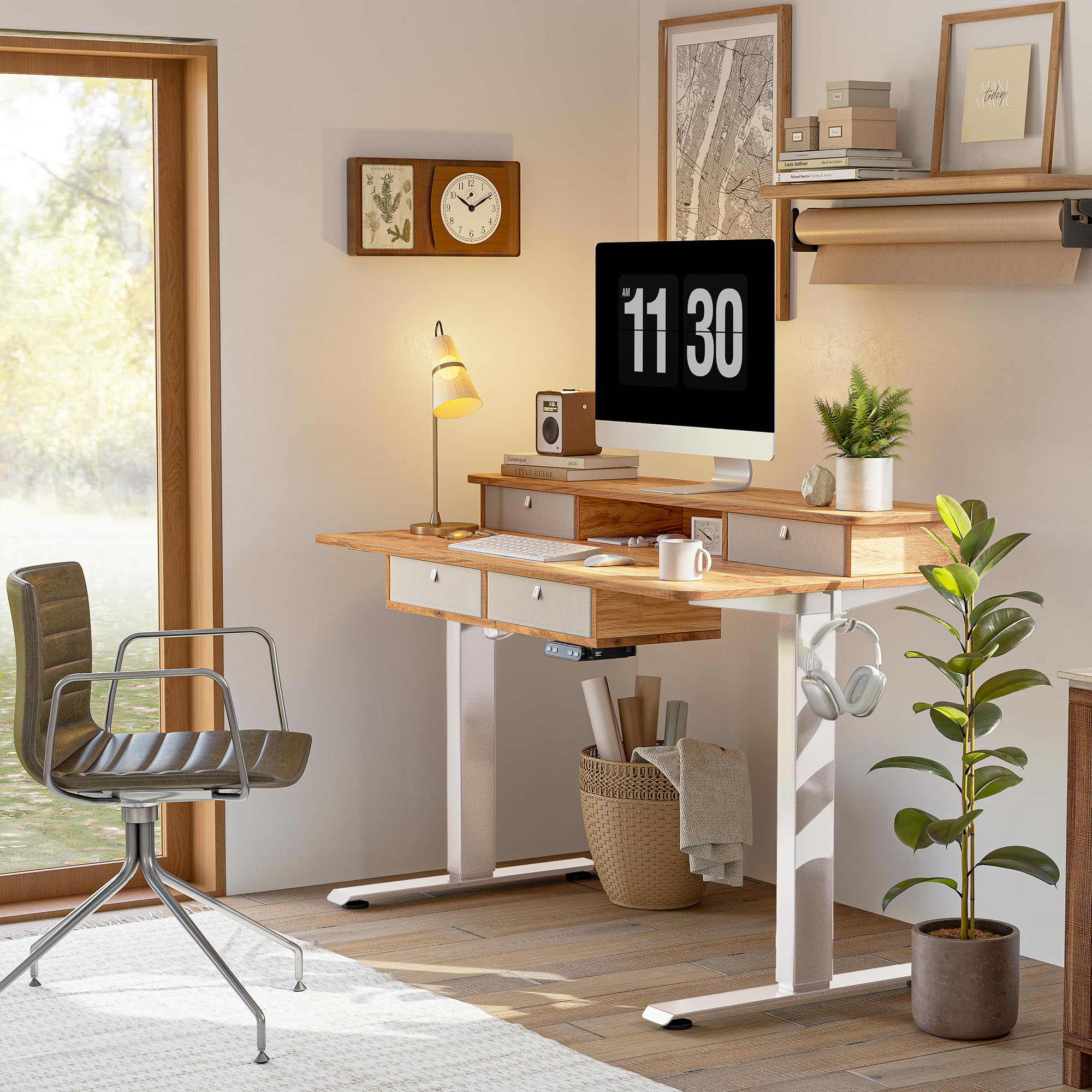 FEZIBO 55 x 24 Inch Electric Standing Desk with Drawers - Adjustable Height Sit Stand Workstation, Large Storage Shelf, Light Rustic Brown Top - Perfect for Home Office, Gaming Setup & Workspace Ergonomics