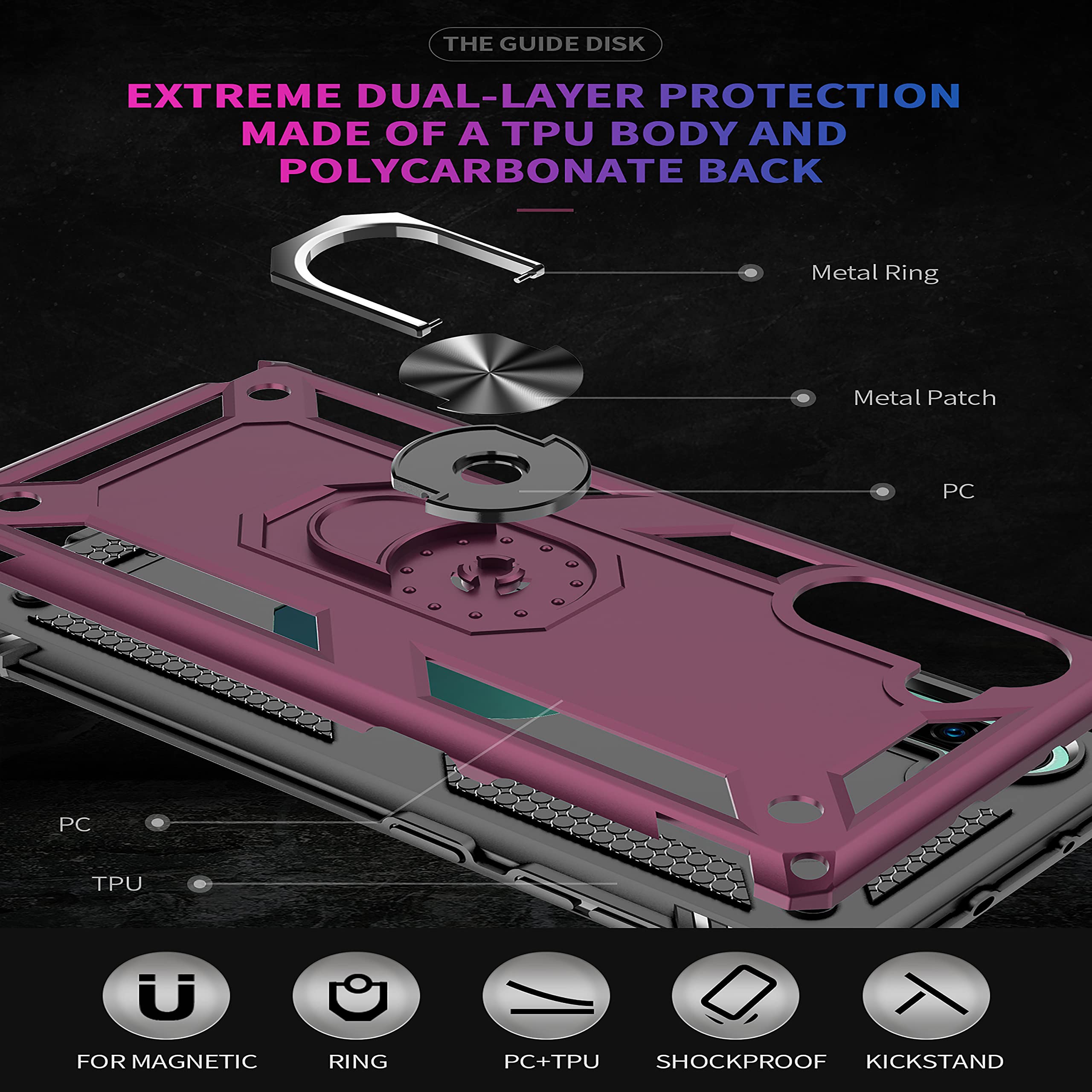Galaxy Note 10 Case with [2 Pack] 3D Curved Tempered Glass Screen Protector & Magnetic Car Mount Holder - Wine Red - Perfect for Driving, Work, and Daily Protection