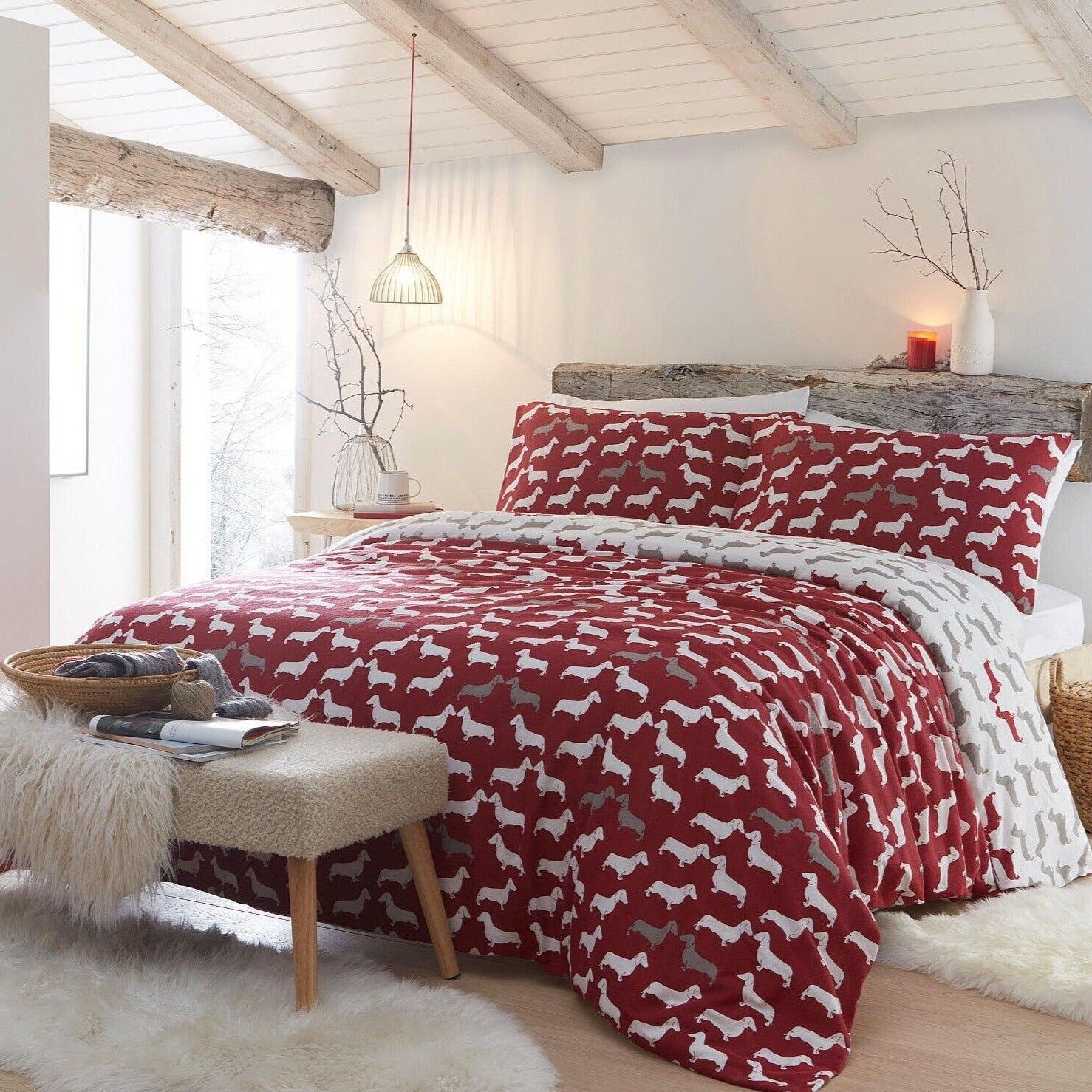 Dudley Love 100% Brushed Cotton Duvet Cover Set - Soft & Breathable Queen/King Size Bedding - Perfect for Cozy Nights & Home Decor (Red)